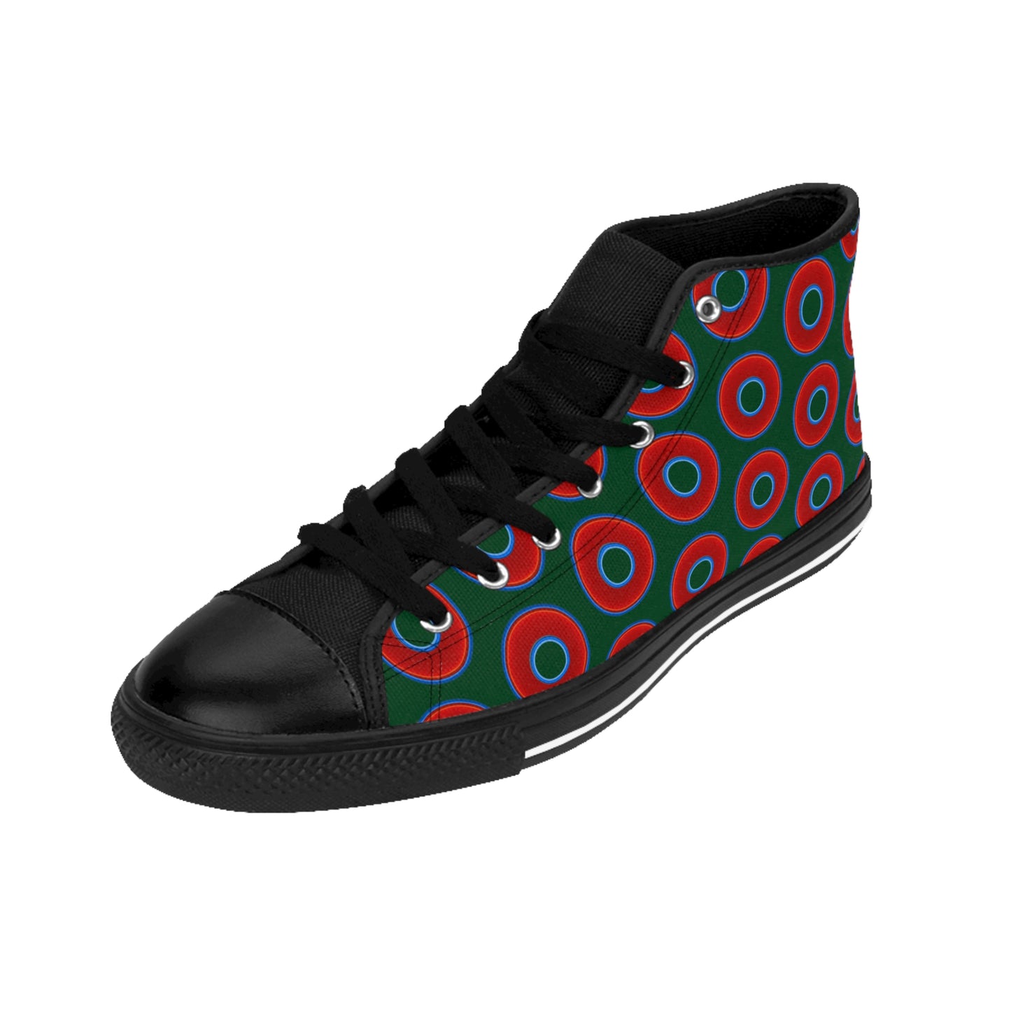 Cushiony Convectors - High Tops - red vivid donuts w/midnight teal green background