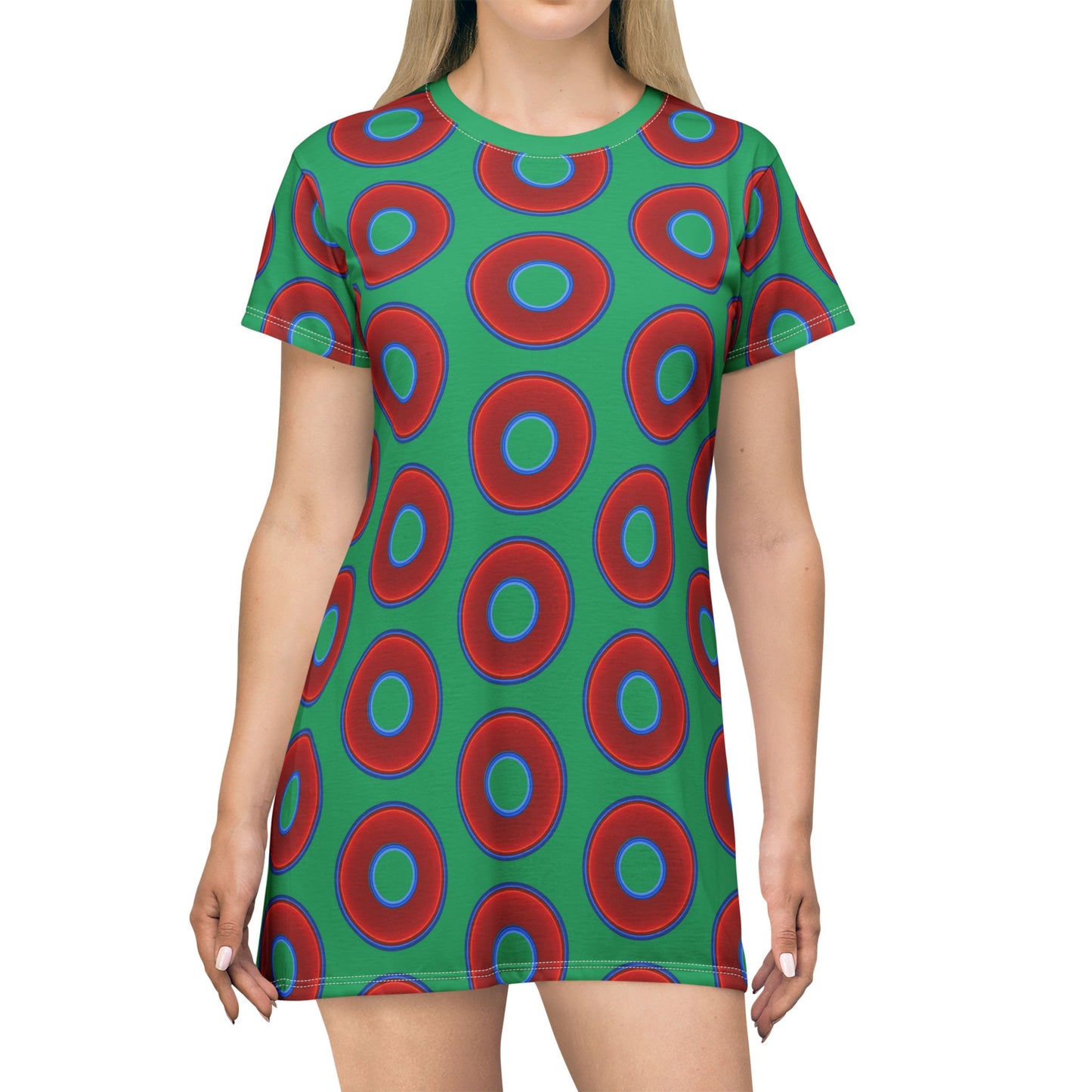 Not a Muumuu AOP Tee Shirt Dress - red vivid donuts w/jade green background