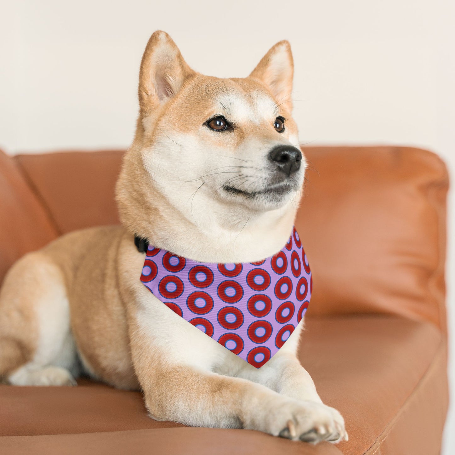 Jim's Lumpy Bandana Pet Collar - vivid red donuts w/wisteria purple background
