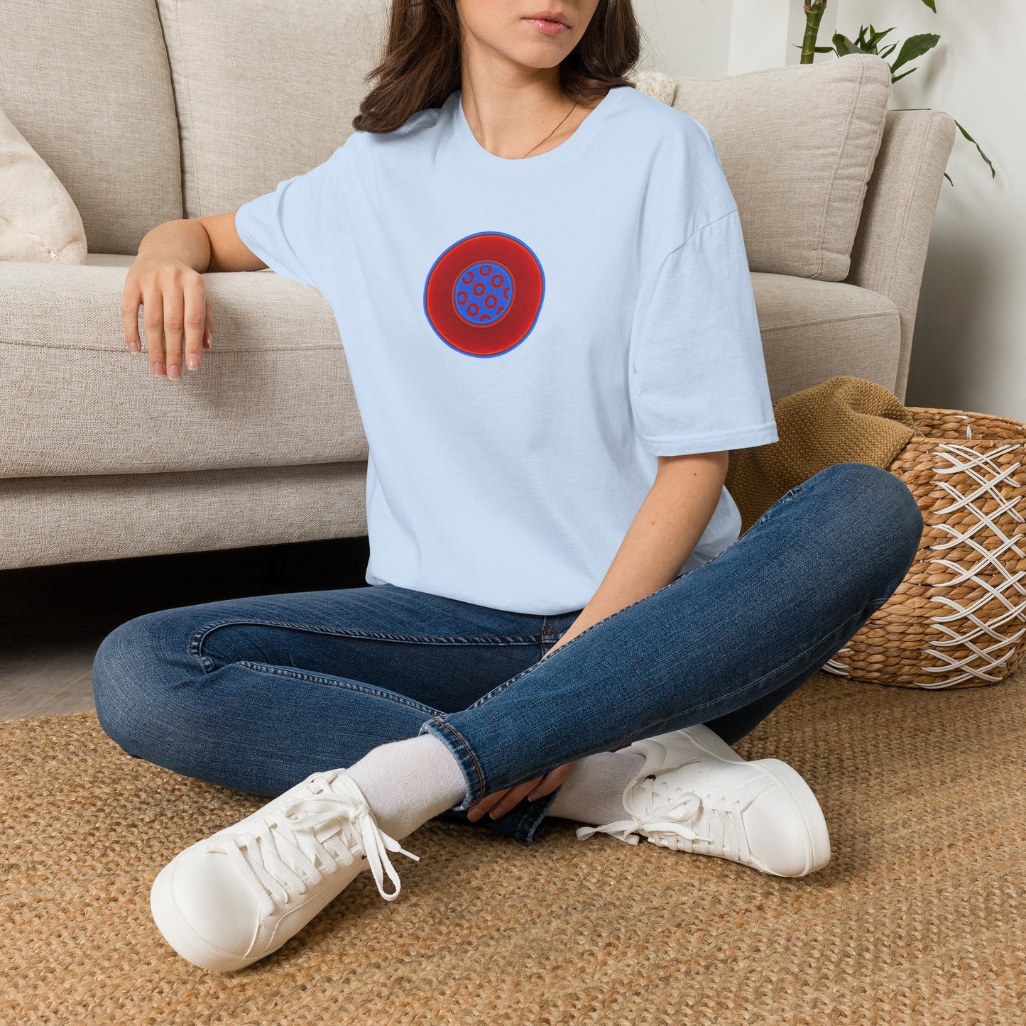 Classic Donut Tee - Unisex Soft-Style - "Portal Donut" - vivid red/blue donut  - w/royal blue - variant 1