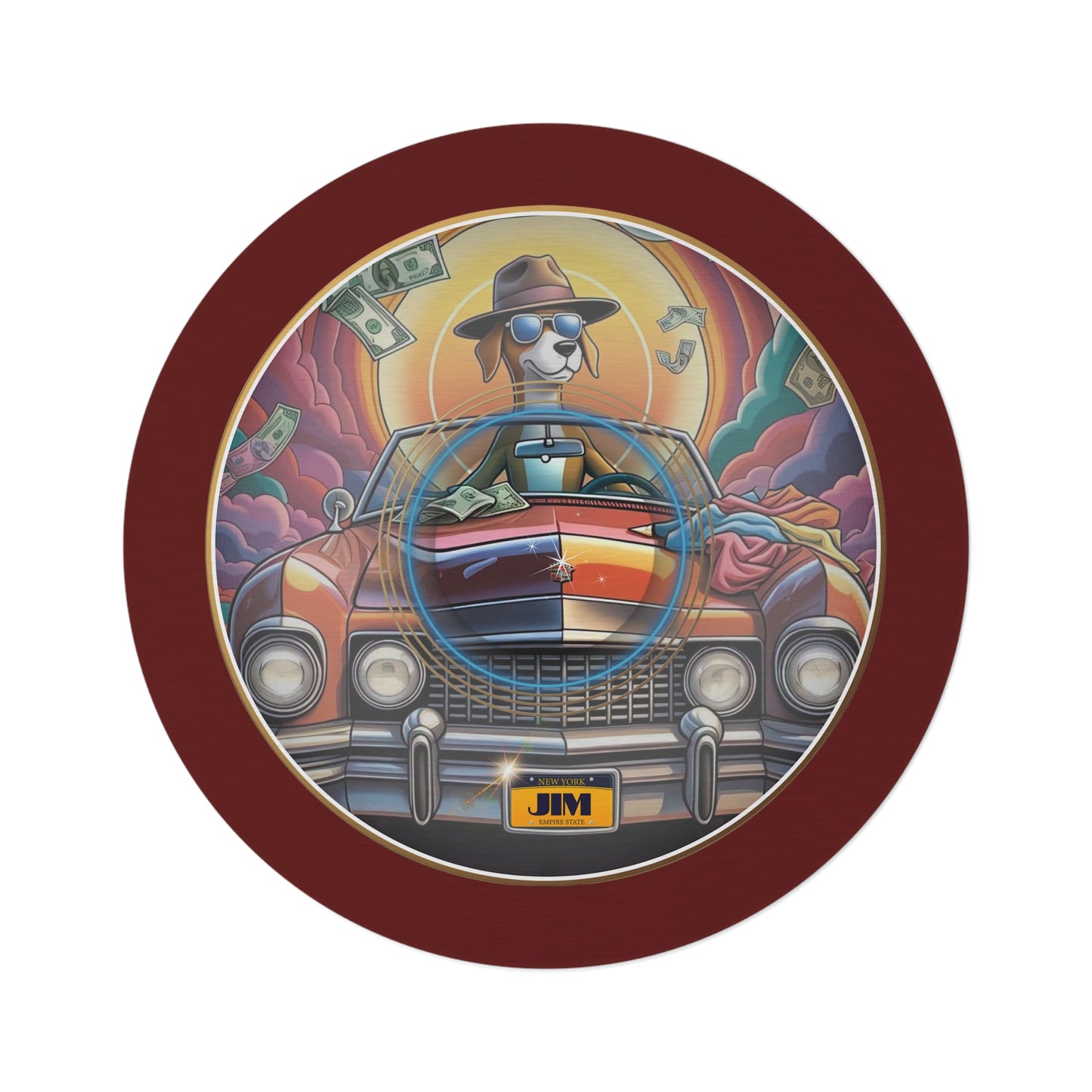 Round Room - 5 ft x 5 ft Lumpy Donut Rug - "Jimmy's Runaway Donut Rug" - vivid gold/orange pic donut w/dark red background - variant 3