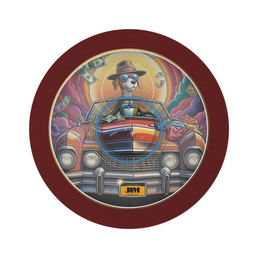 Round Room - 5 ft x 5 ft Lumpy Donut Rug - "Jimmy's Runaway Donut Rug" - vivid gold/orange pic donut w/dark red background - variant 3