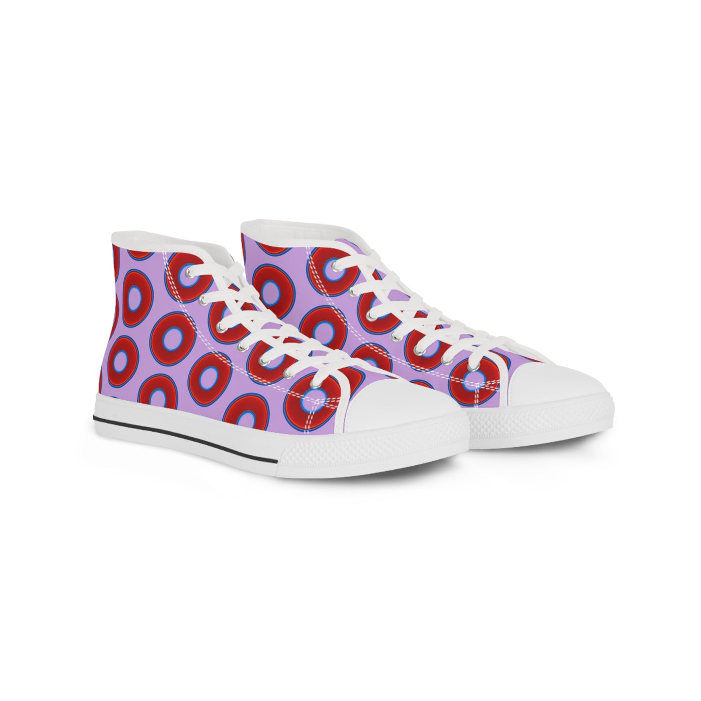 Men's High Top Chucks - large vivid red donut print w/wisteria purple background