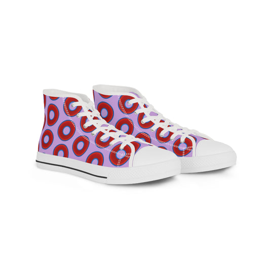 Men's High Top Chucks - large vivid red donut print w/wisteria purple background