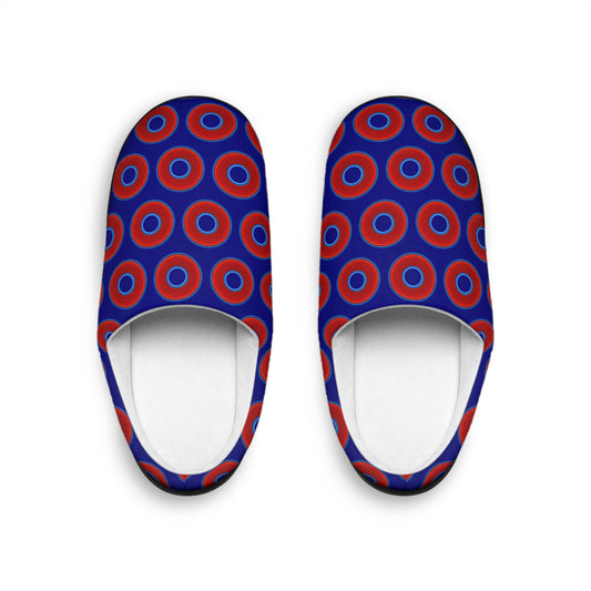 Men's Lumpy Slippers - red vivid donut print w/vivid navy blue background