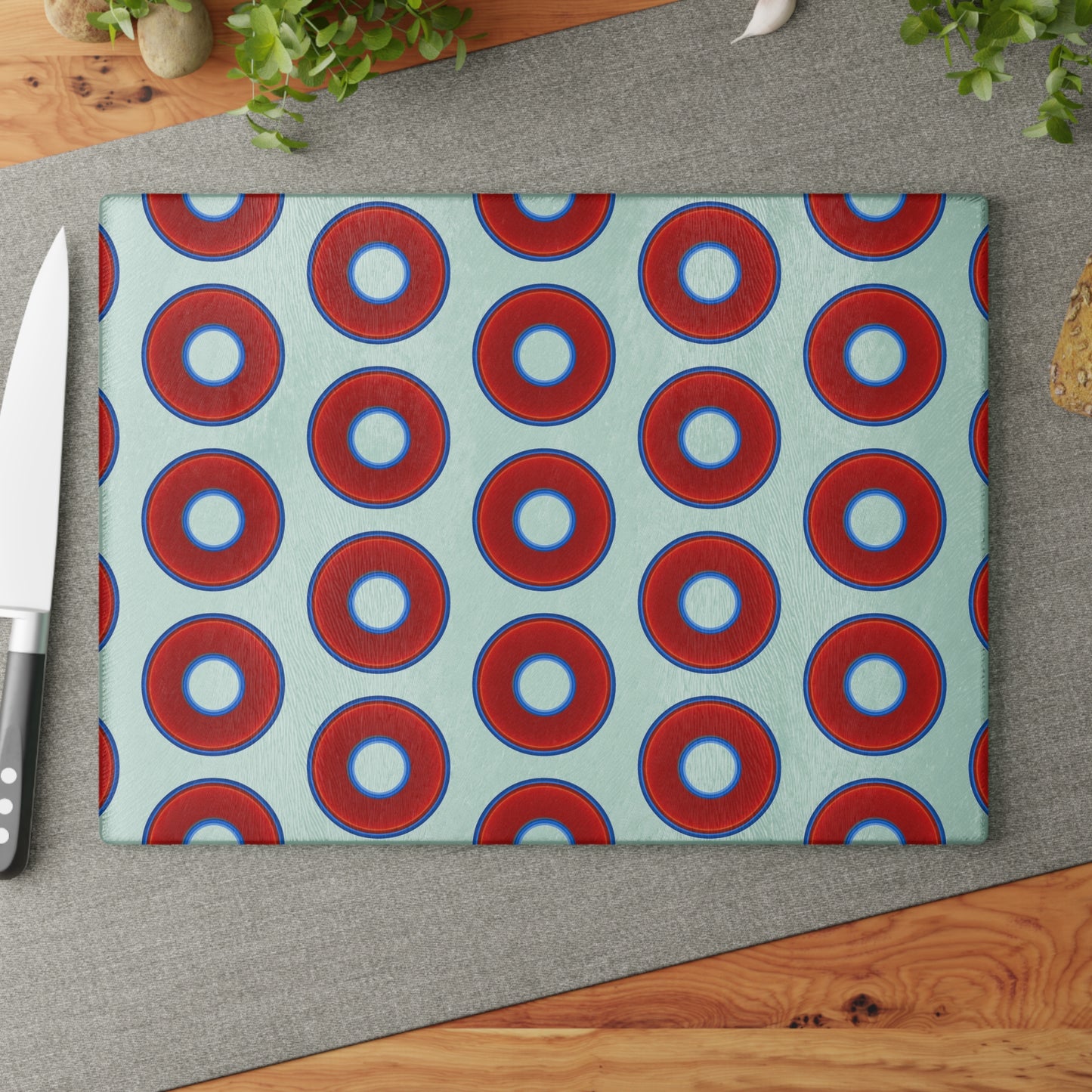 My Friend's Cutting Board - vivid red donuts w/white background