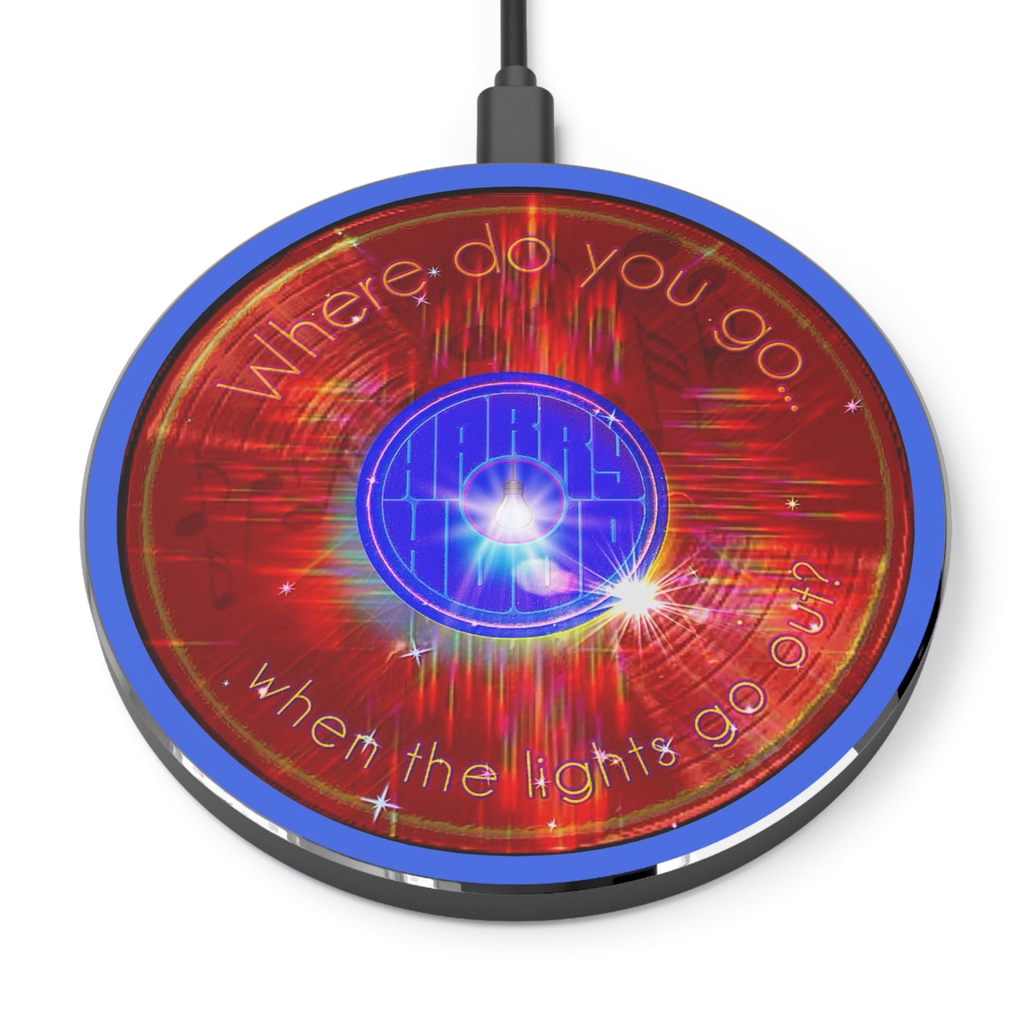 The Flow - Wireless Lumpy Donut Chargers - "Hoodlum's Donut Charger" - vivid red word donut w/royal blue background - variant 1