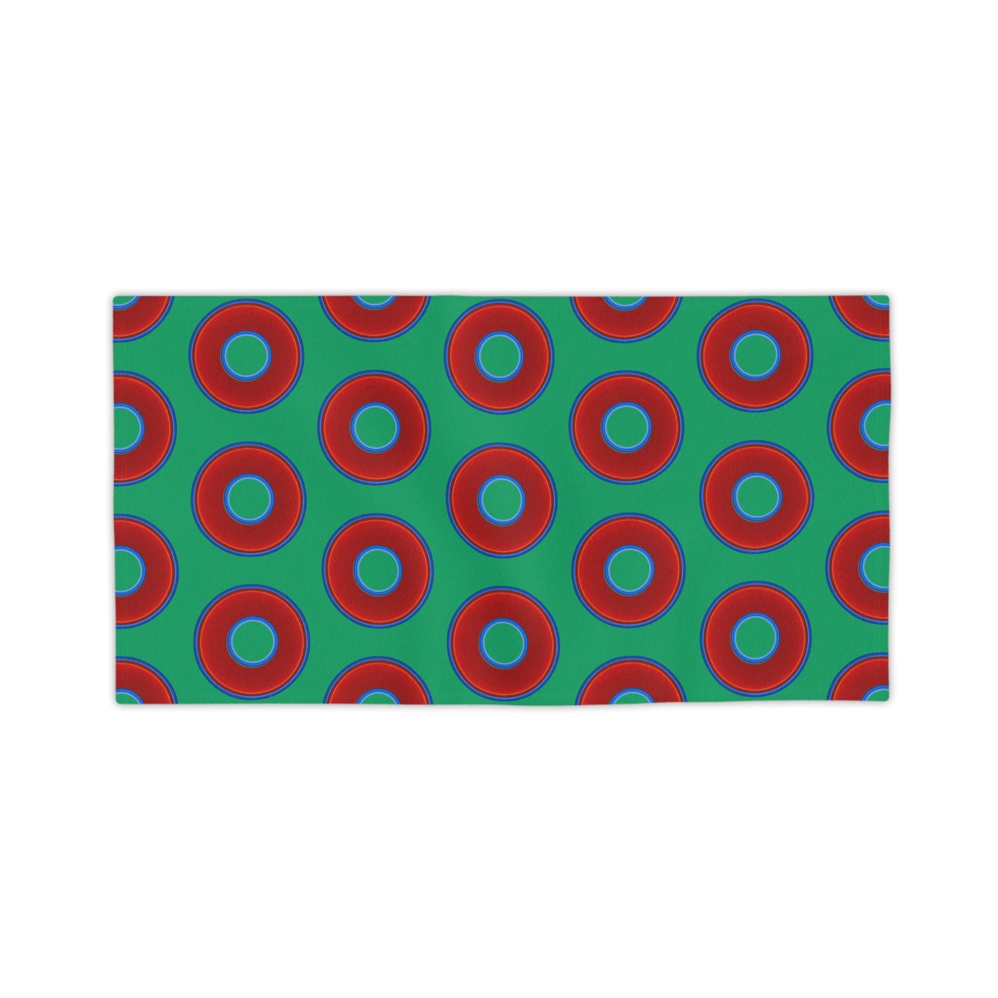 Lumpy Donut Towels - vivid red donuts w/jade green background