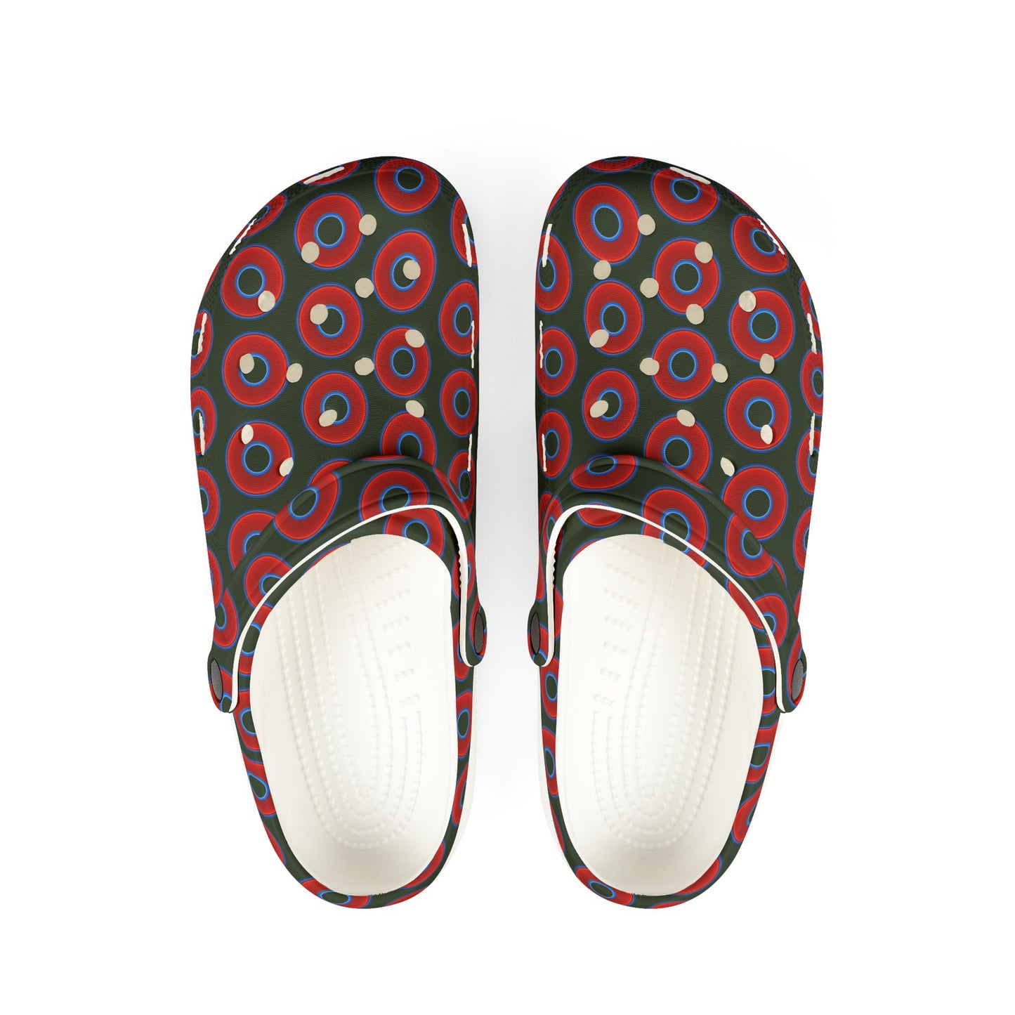 Spatchcocks - donut slip-on shoes - vivid red donuts w/deep forest green background [unisex]