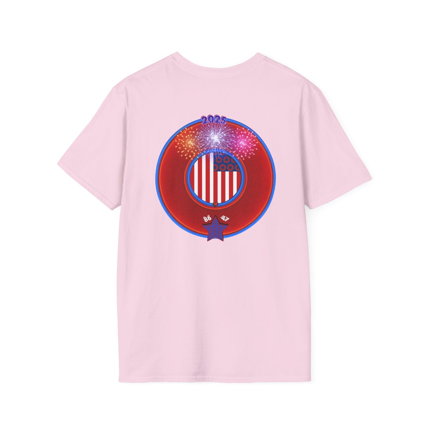 Classic Donut Tee - Unisex Soft-Style - "One Indivisible Donut" - vivid red phreedom donut - w/fireworks - variant 3