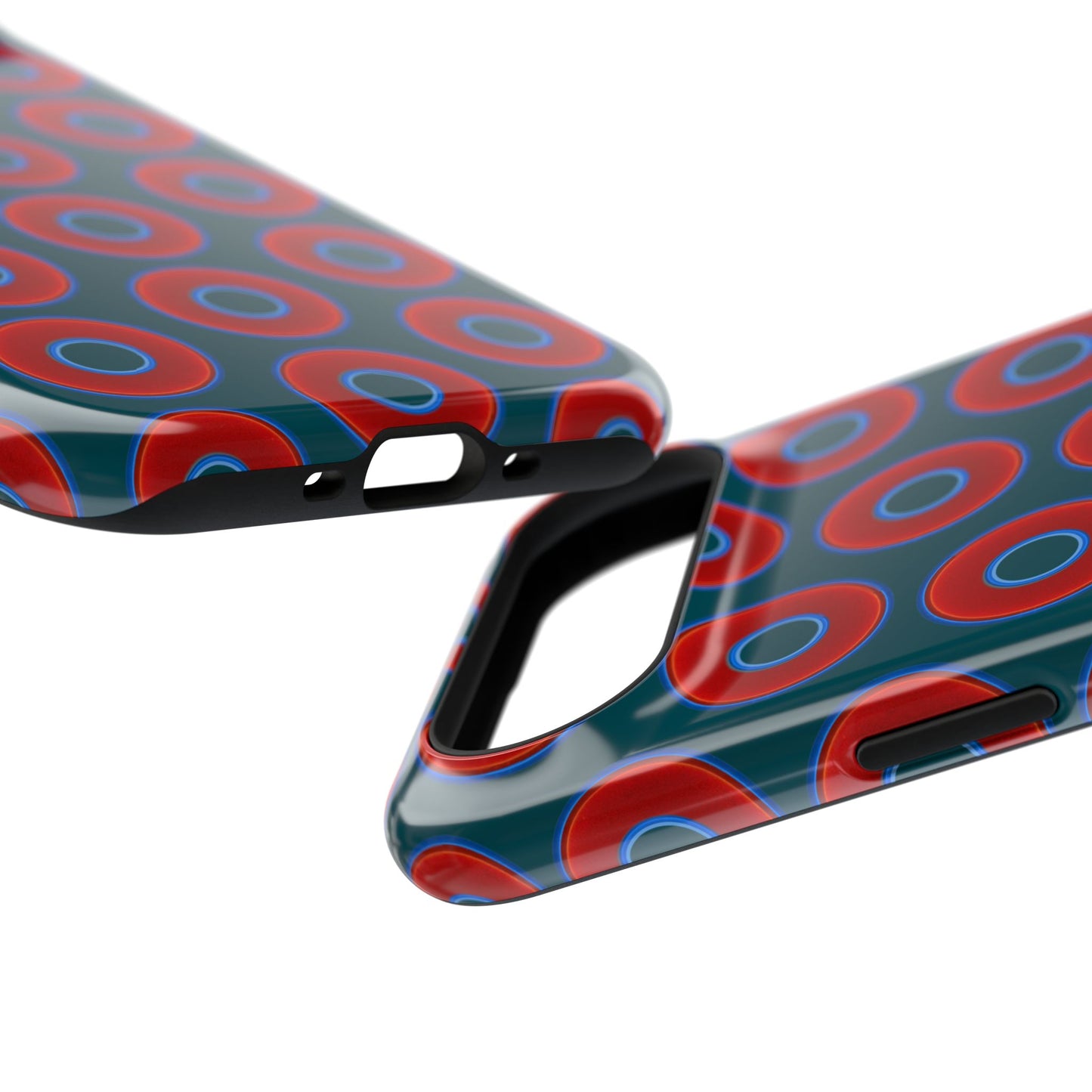 Impact-Resistant Lumpy Donut Case - red vivid donut print w/midnight green background