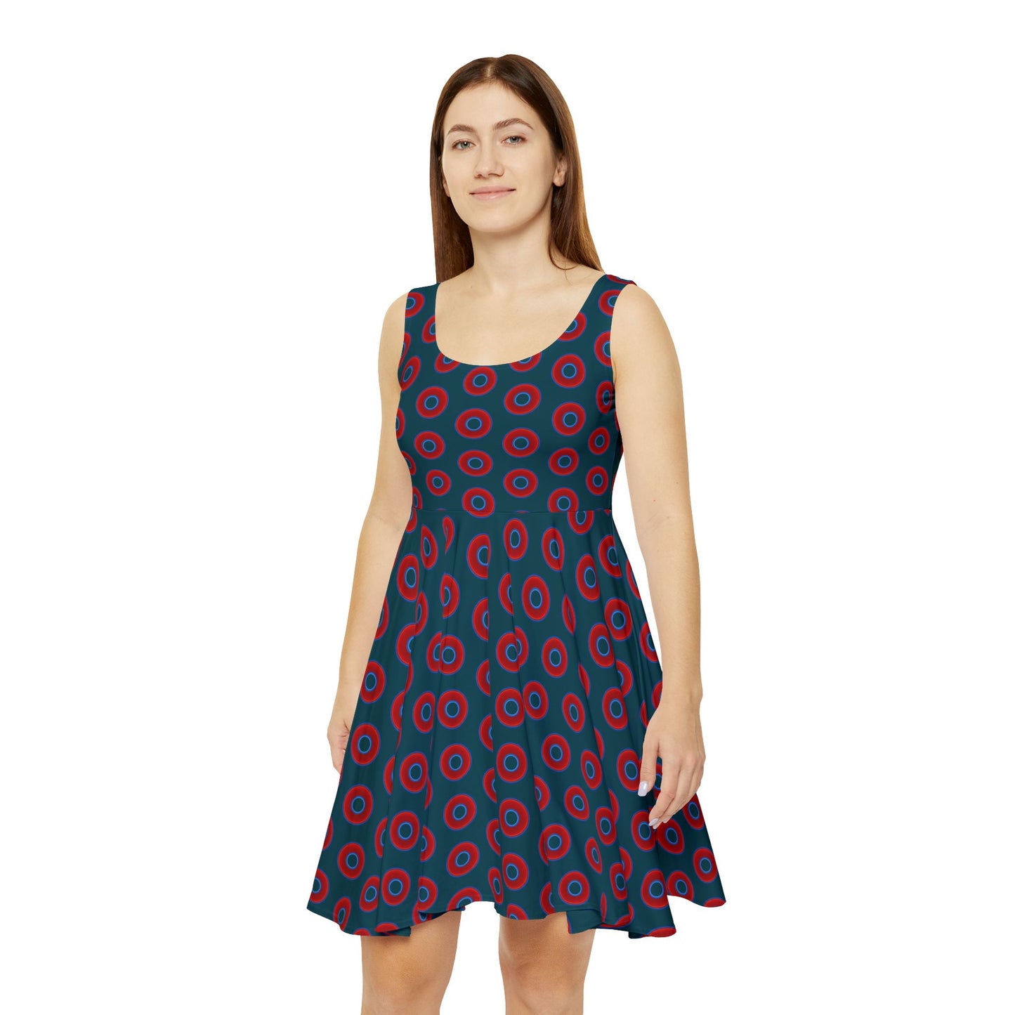 Women's Skater Donut Dress - vivid red donut print w/midnight teal green background