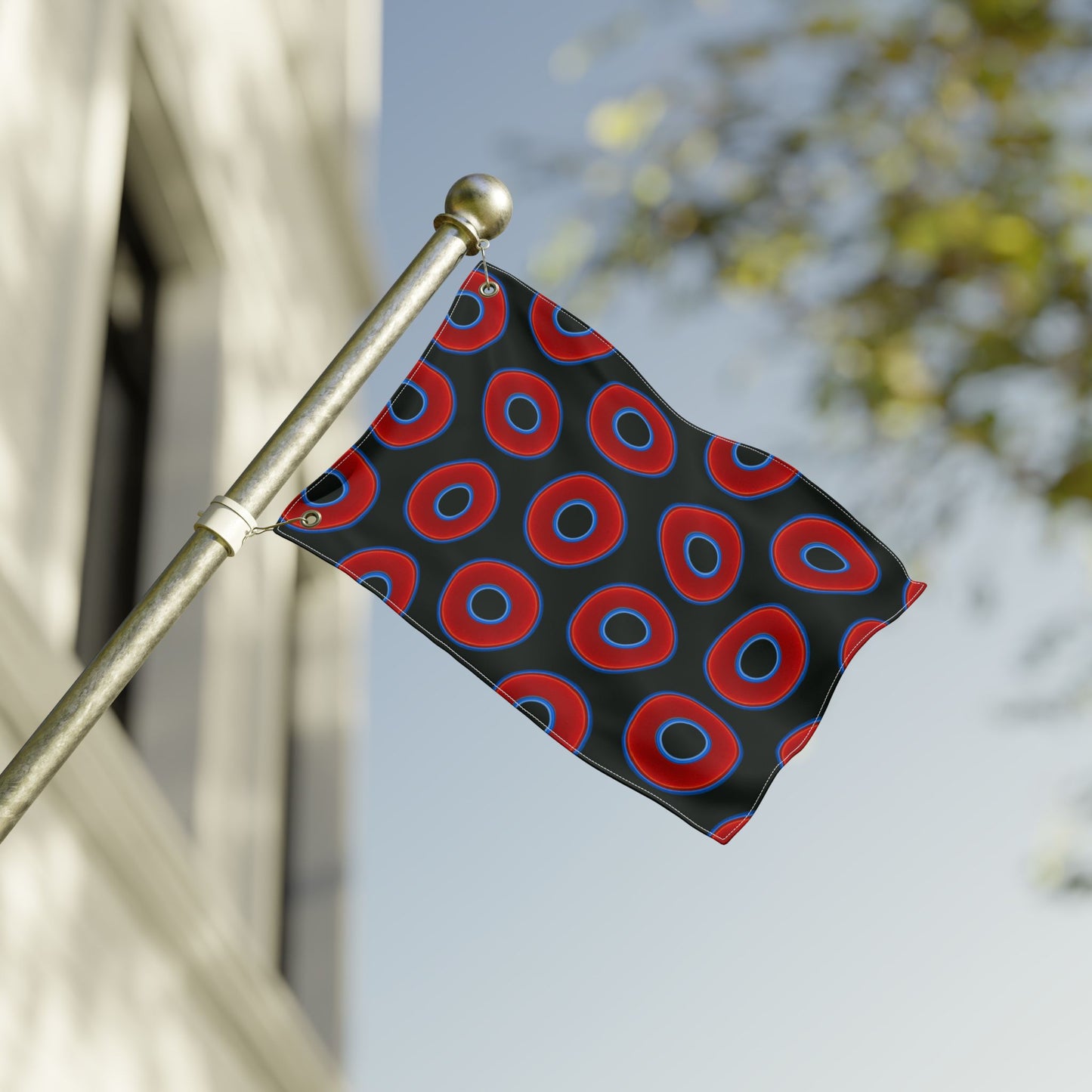 Lumpy Flagpole Sitters - Donut Flags [12" x 18"] - red vivid donut print w/midnight moss green background