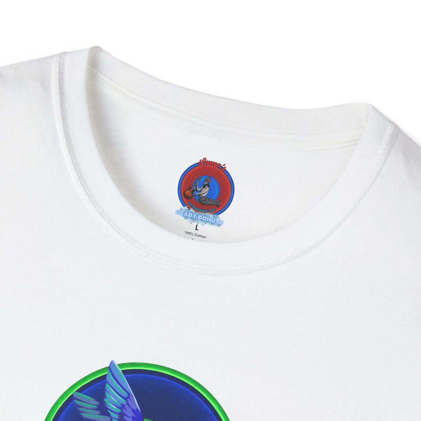 Classic Donut Tee - Unisex Soft-Style - "Invitation for Donuts & Tea" - vivid blue/green donut