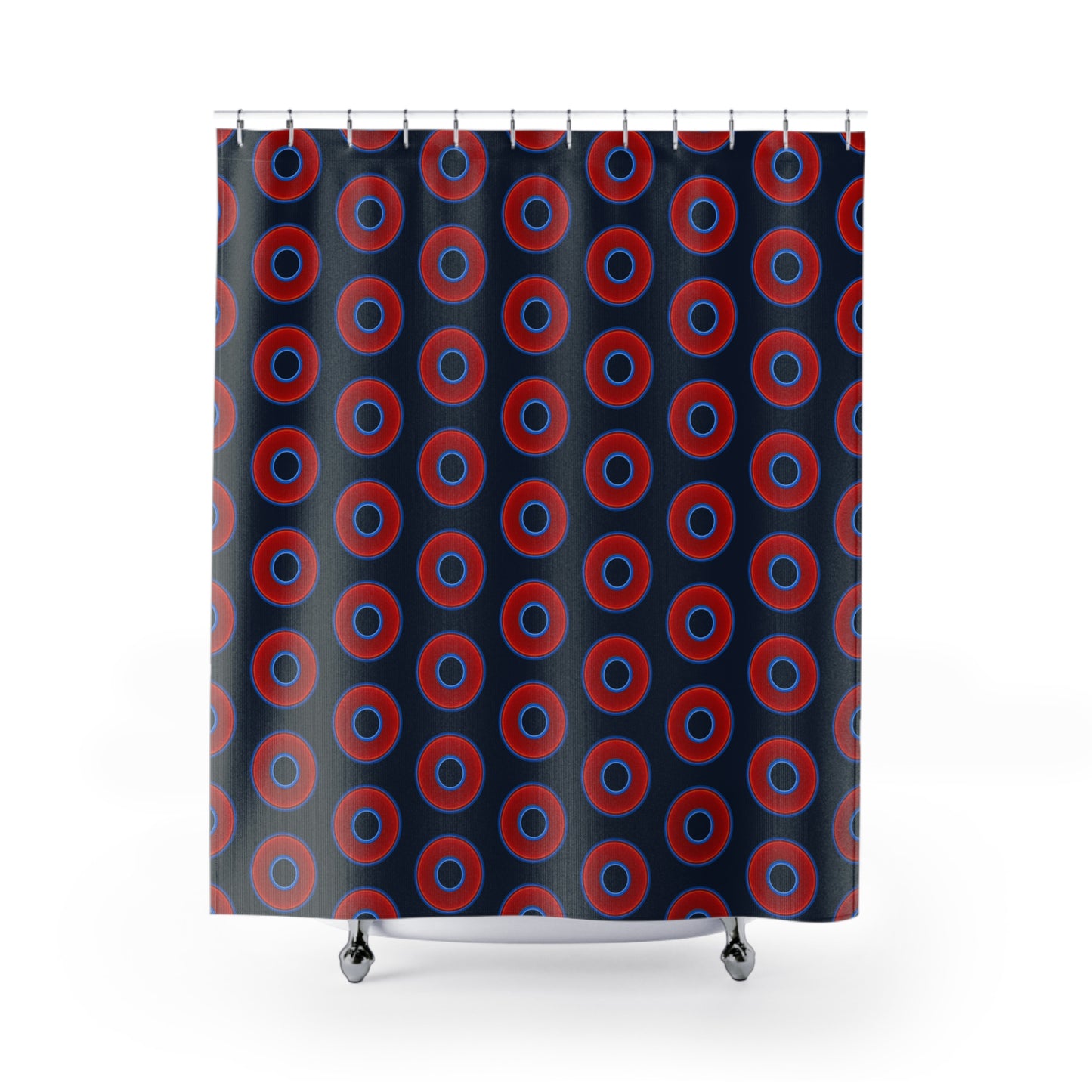 The Curtain With "Donuts" - Lumpy Bath Time Fun - vivid red donuts w/midnight teal background