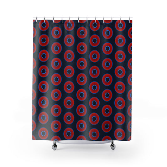 The Curtain With "Donuts" - Lumpy Bath Time Fun - vivid red donuts w/midnight teal background