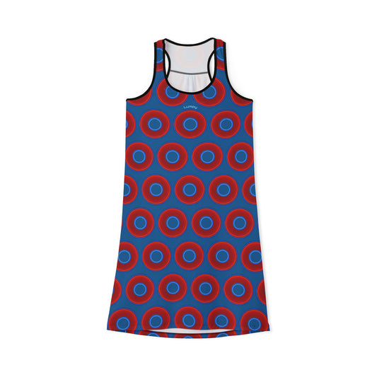 Tela's Lumpy Racerback Donut Dress - red vivid donut print w/wavy navy blue background