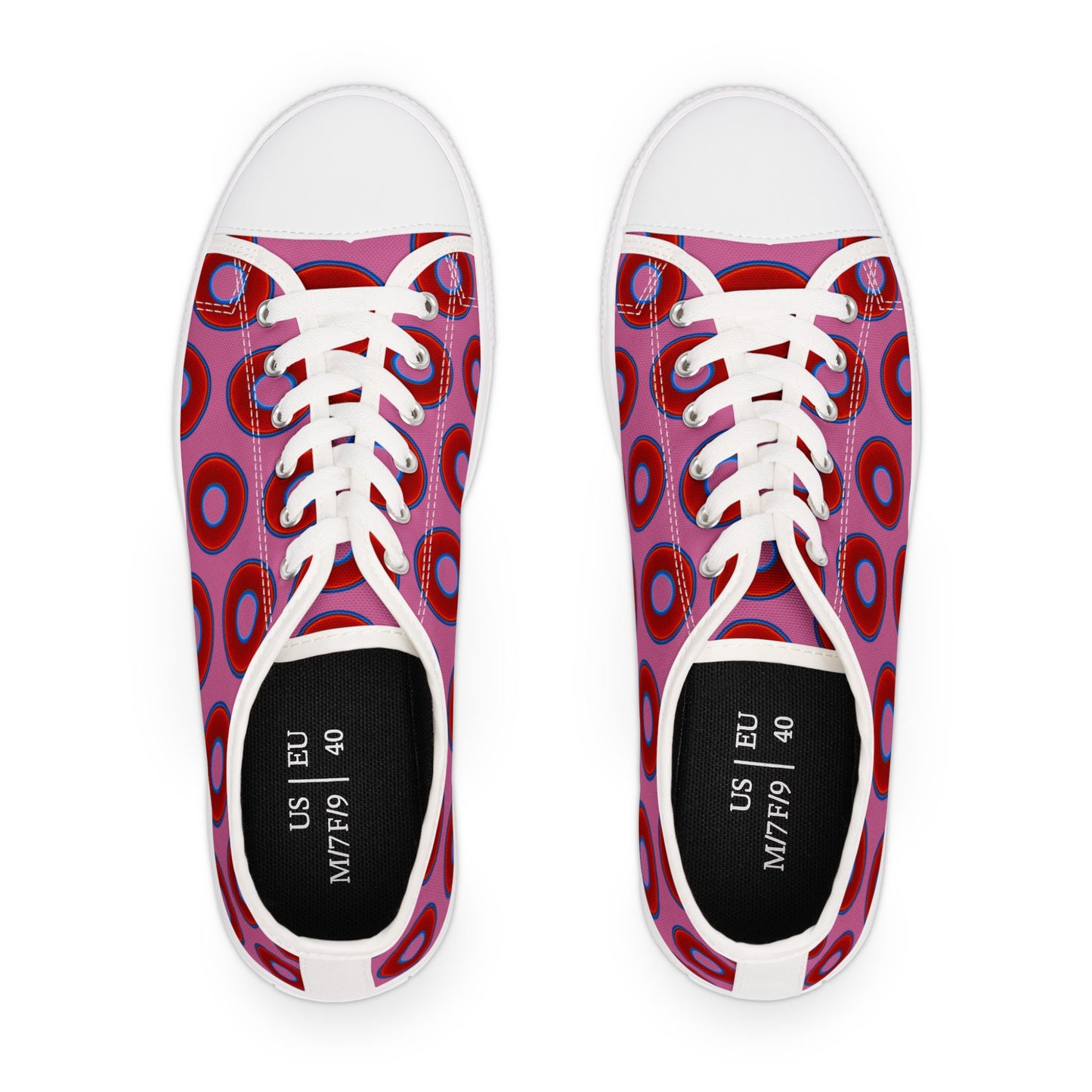Women's - Low Top Chuck Taylors - large vivid red donut print w/pink background