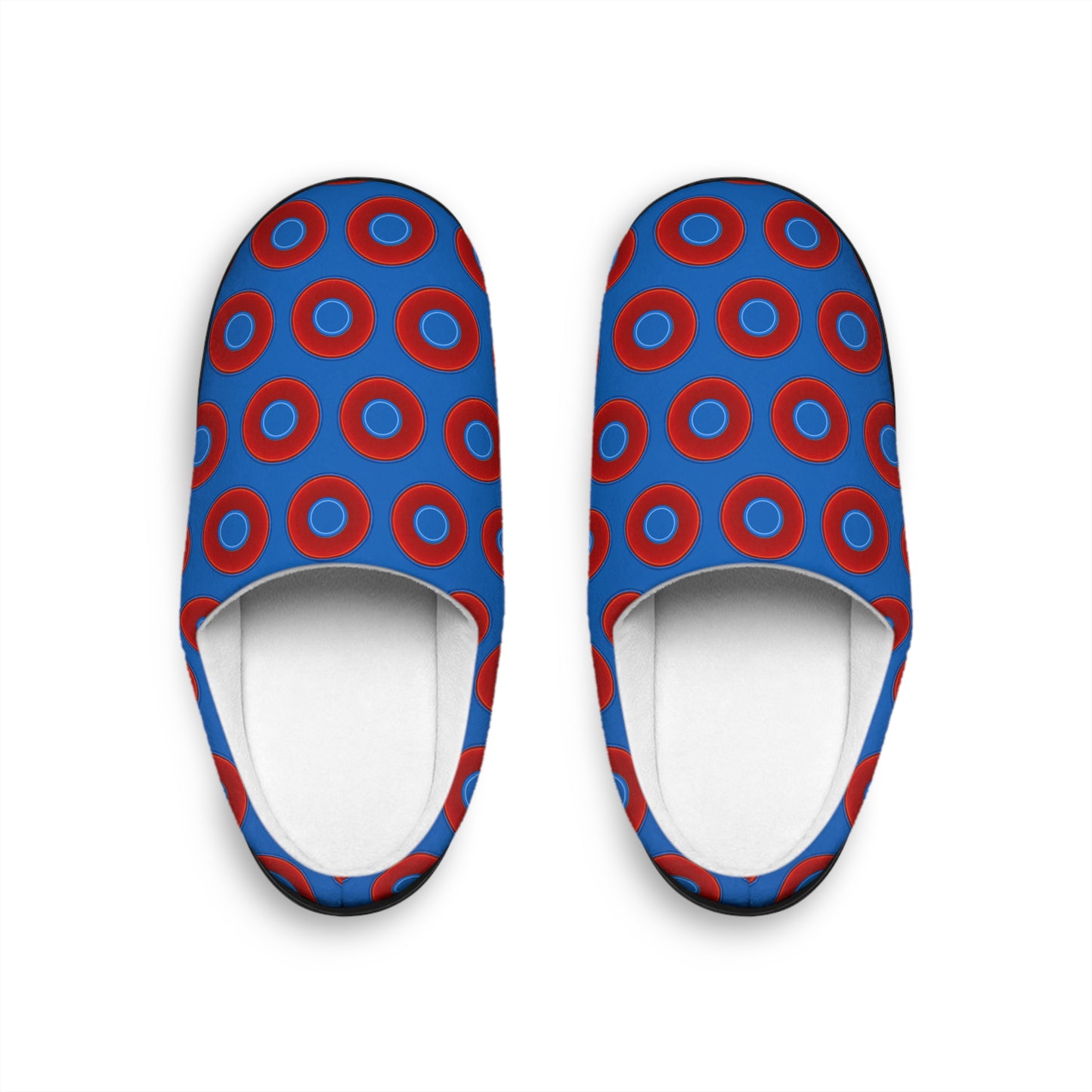 Women's Lumpy Slippers - red vivid donut print w/dark royal blue background