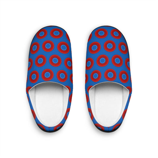 Women's Lumpy Slippers - red vivid donut print w/dark royal blue background