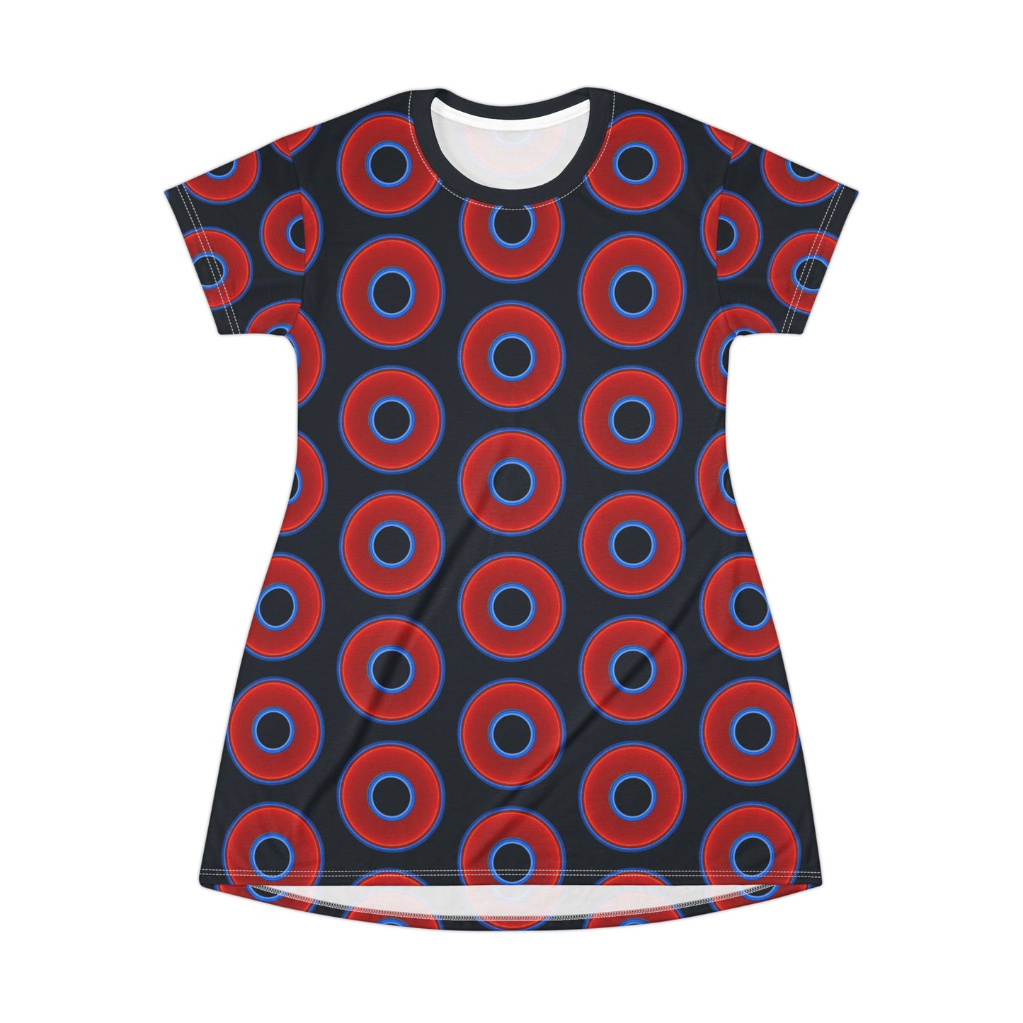 Not a Muumuu AOP Tee Shirt Dress - red vivid donuts w/midnight blue background