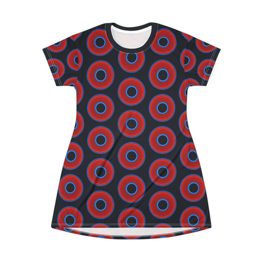 Not a Muumuu AOP Tee Shirt Dress - red vivid donuts w/midnight blue background