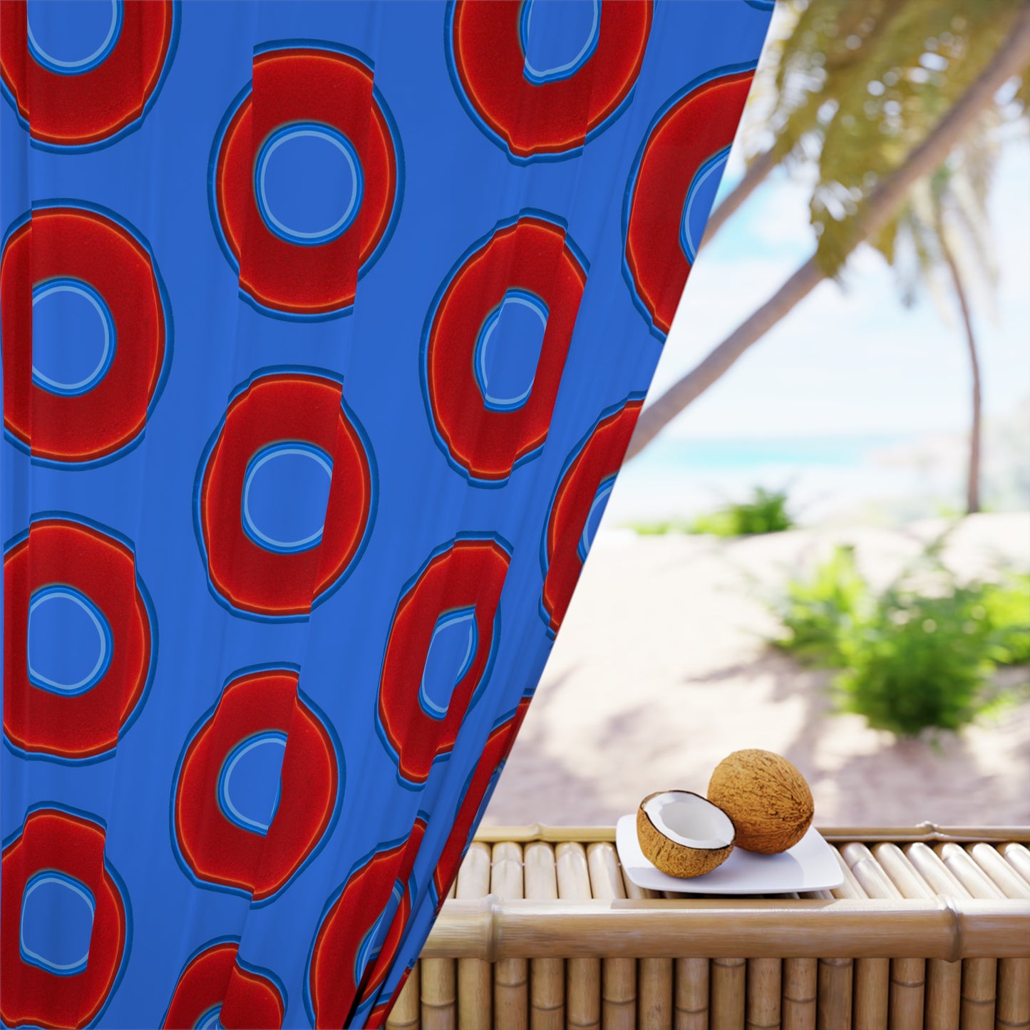 Lump's Heady Curtain w/Donuts - vivid red donut print - w/medium royal blue background - [*1 Piece / 50" x 84"]