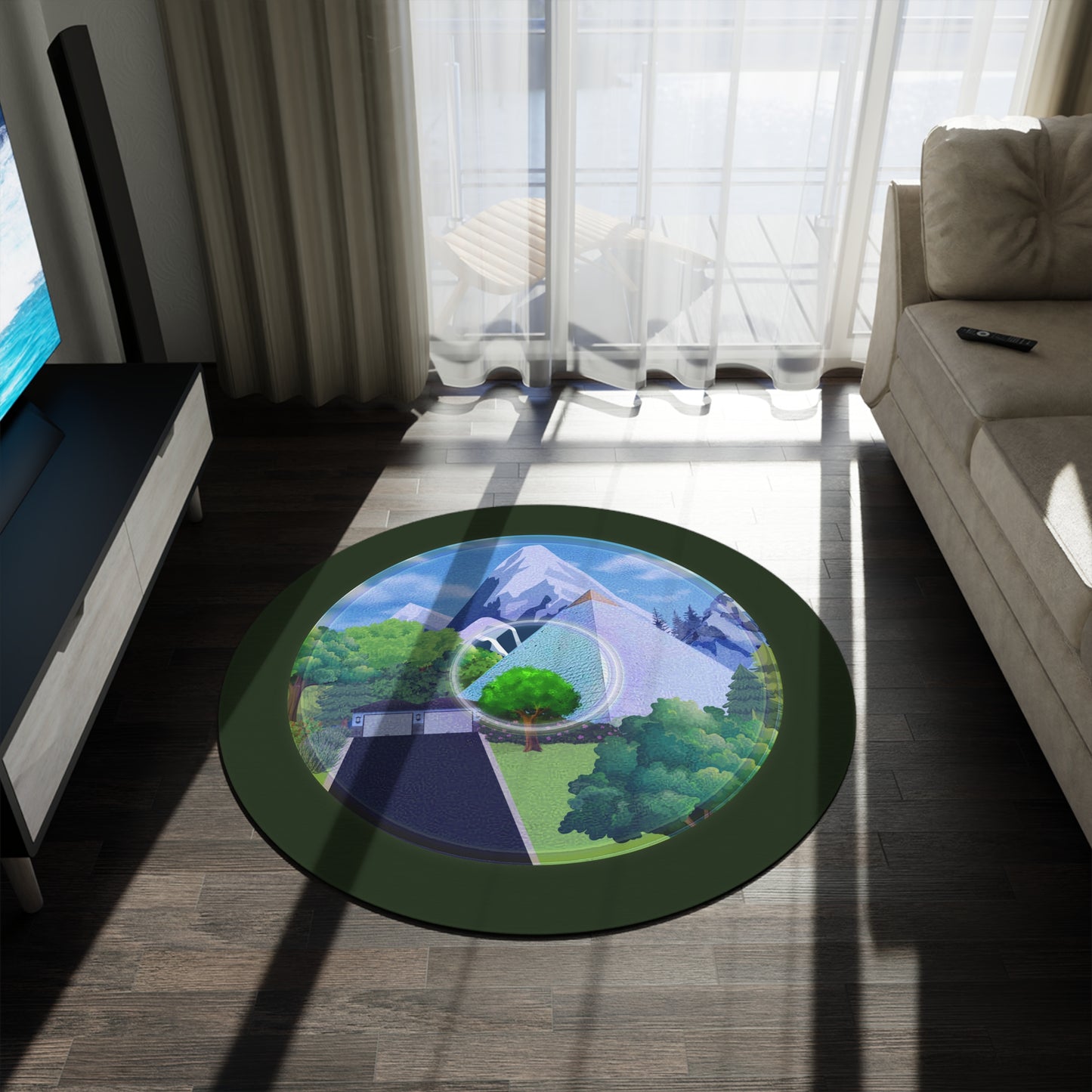 Round Room - 5 ft x 5 ft Lumpy Donut Rug - "Mansions of South Park Donut Rug" - green/blue pic donut w/deep forest green background - variant 2
