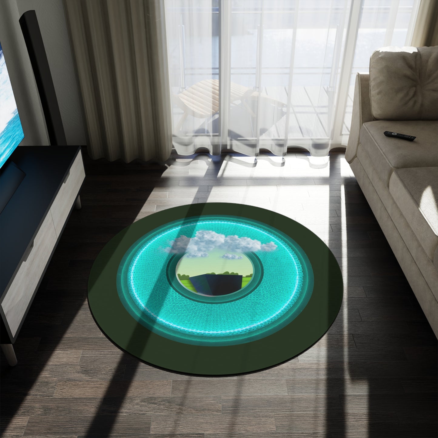 Round Room - 5 ft x 5 ft Lumpy Donut Rug - "Got Rhombus Rug?" - rustic turquoise/teal donut w/deep forest green background - variant 5