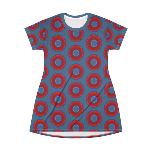 Not a Muumuu AOP Tee Shirt Dress - red vivid donuts w/steel blue background