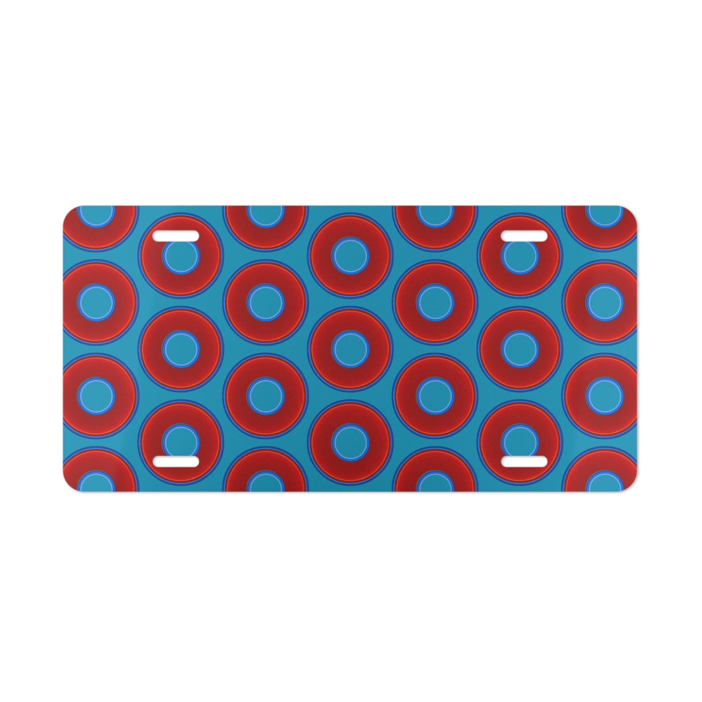 Lumpy Donut Vanity Plate - red vivid donut print w/aquamarine blue background