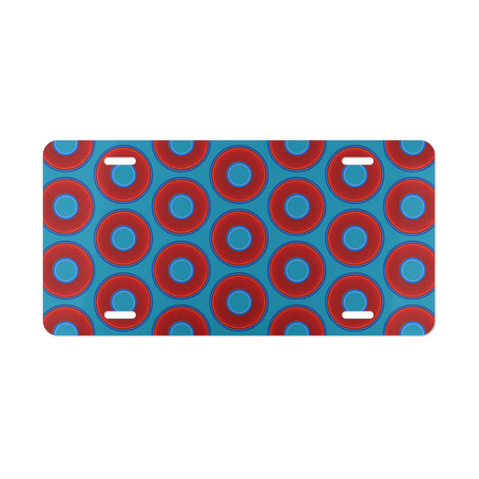 Lumpy Donut Vanity Plate - red vivid donut print w/aquamarine blue background