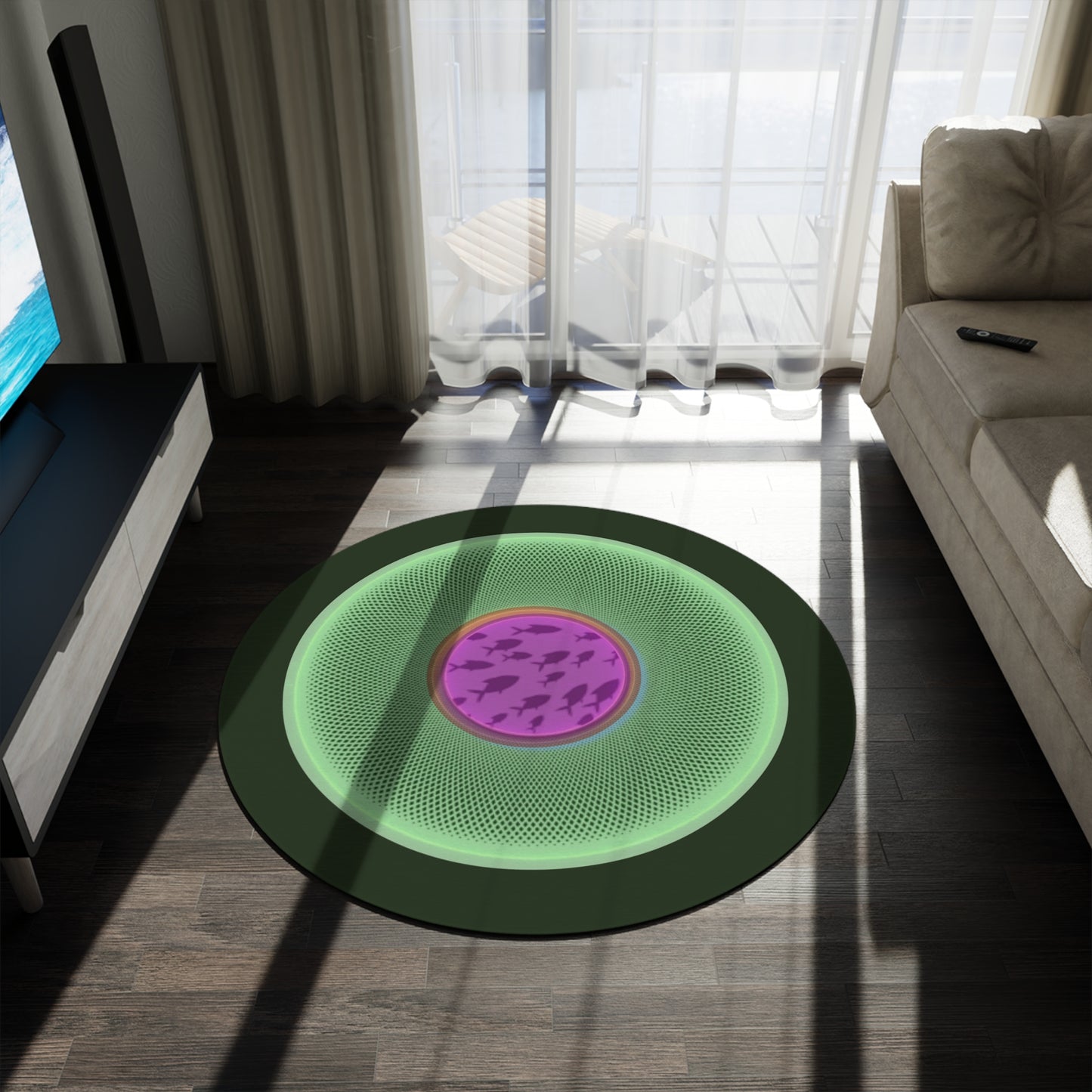 Round Room - 5 ft x 5 ft Lumpy Donut Rug - "Swimming by this Rug" - light green/magenta phatty donut w/black background - variant 3