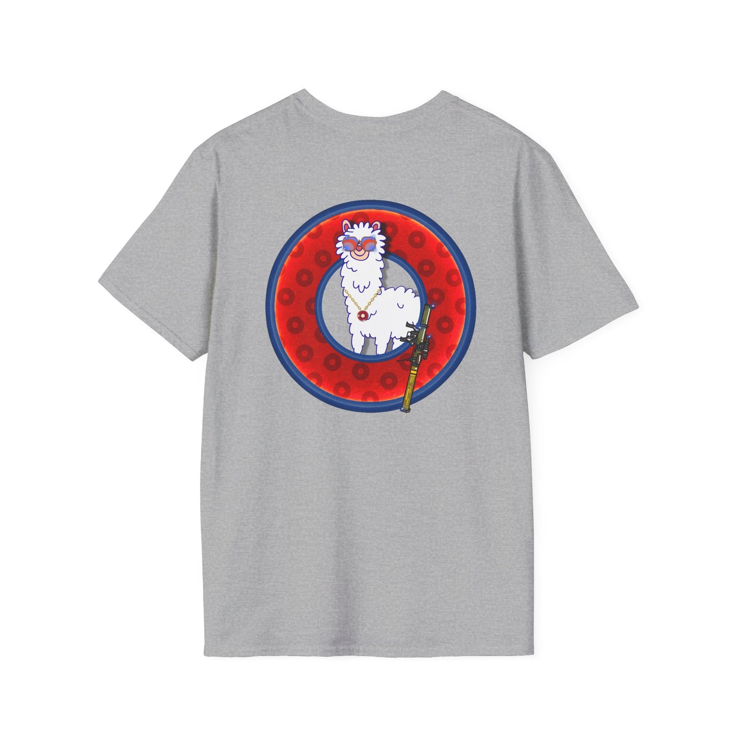 Classic Donut Tee - Unisex Soft-Style - "Medium Paced Llama Donut" - red/blue widemouthed paradox donut