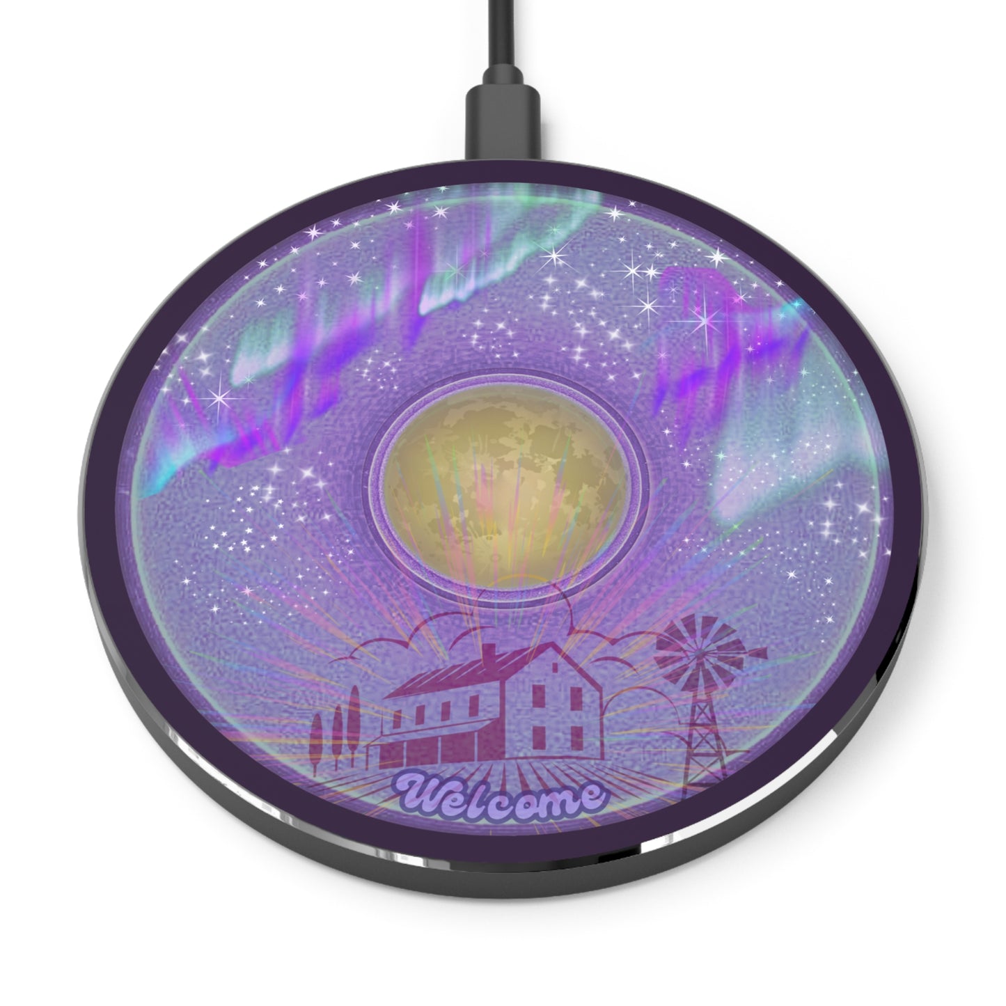 The Flow - Wireless Lumpy Donut Chargers - "Welcome this is your Wireless Power" - vivid purple donut w/midnight purple background