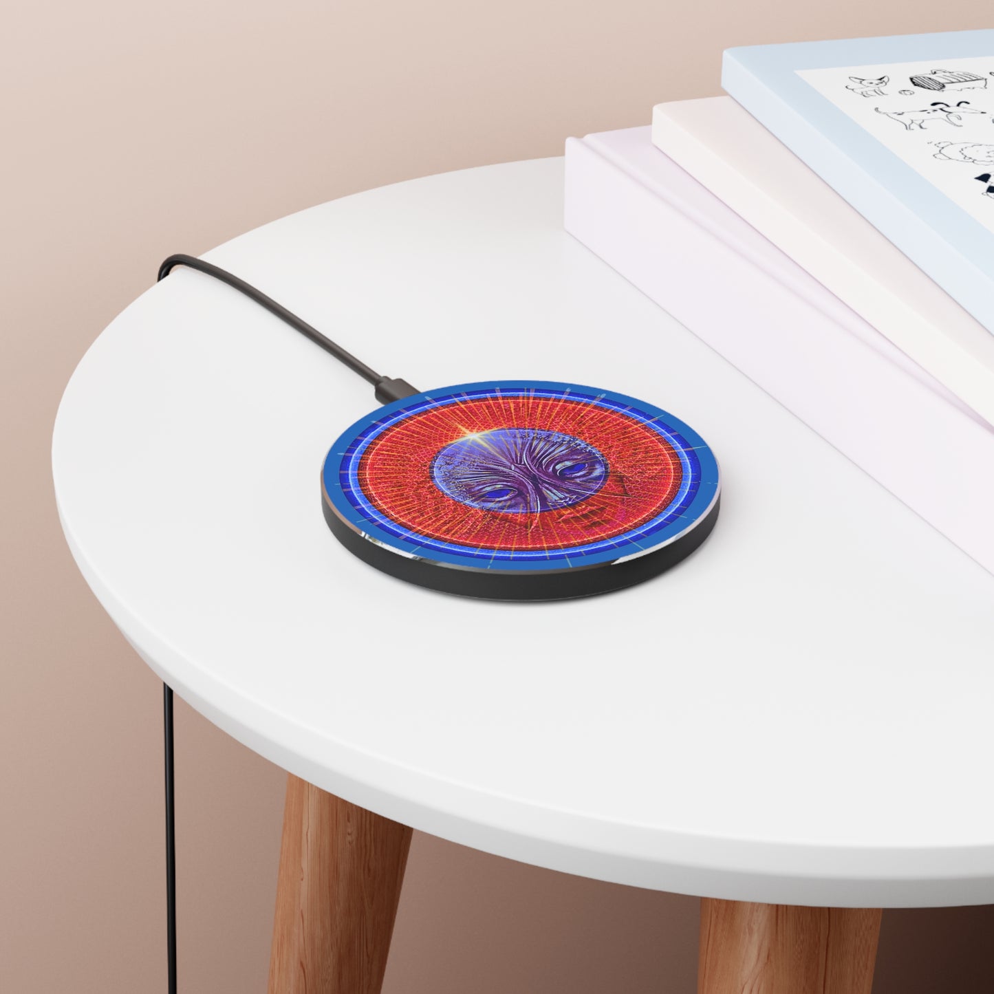 The Flow - Wireless Lumpy Donut Chargers - "Conjurers of Awesome Wireless Power" - rustic red donut w/dark royal blue background - variant 1