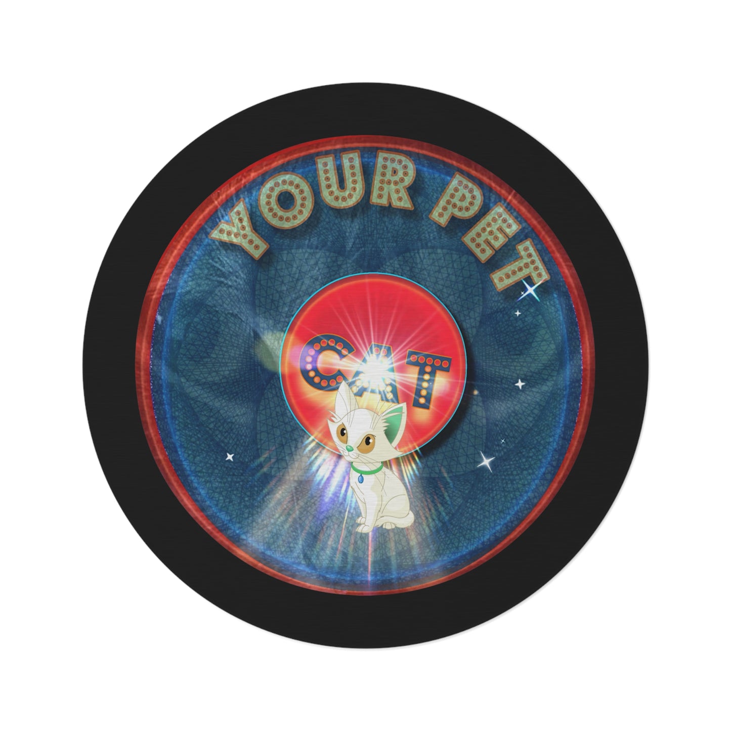 Round Room - 5 ft x 5 ft Lumpy Donut Rug - "Your Pet Cat's Phavorite Rug" - symmetrical feline donut w/black background
