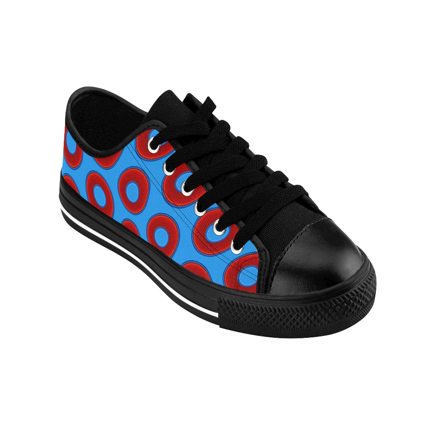Women's Cushiony Convectors - Low Top - large red vivid donut print w/sky royal blue background