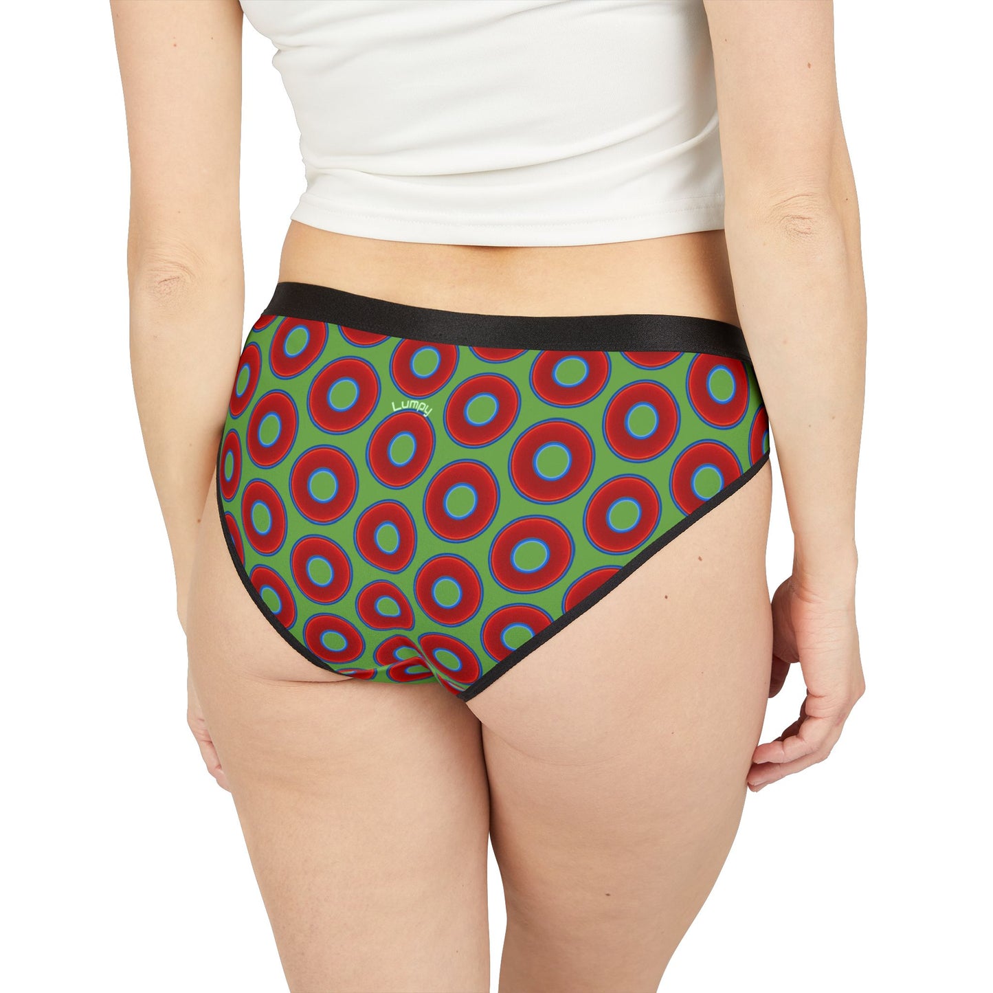Lumpy Donut Underwear - vivid red donut print w/light green background