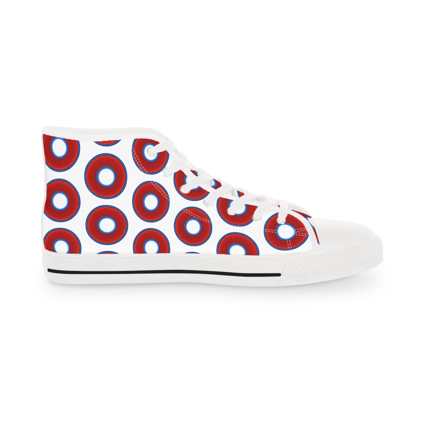 Men's High Top Chucks - large vivid red donut print w/white background