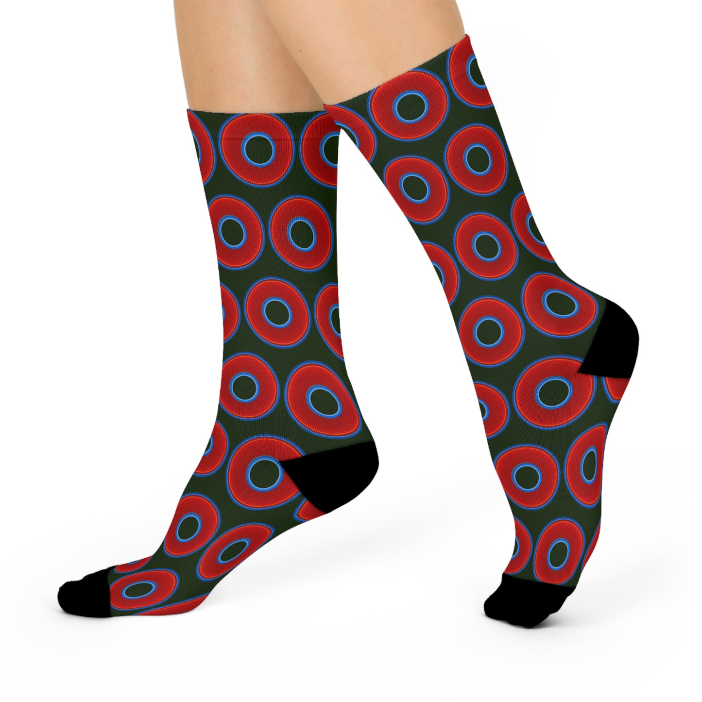 Lumpy Sox - cushioned crew - vivid red donut print w/deep forest green background
