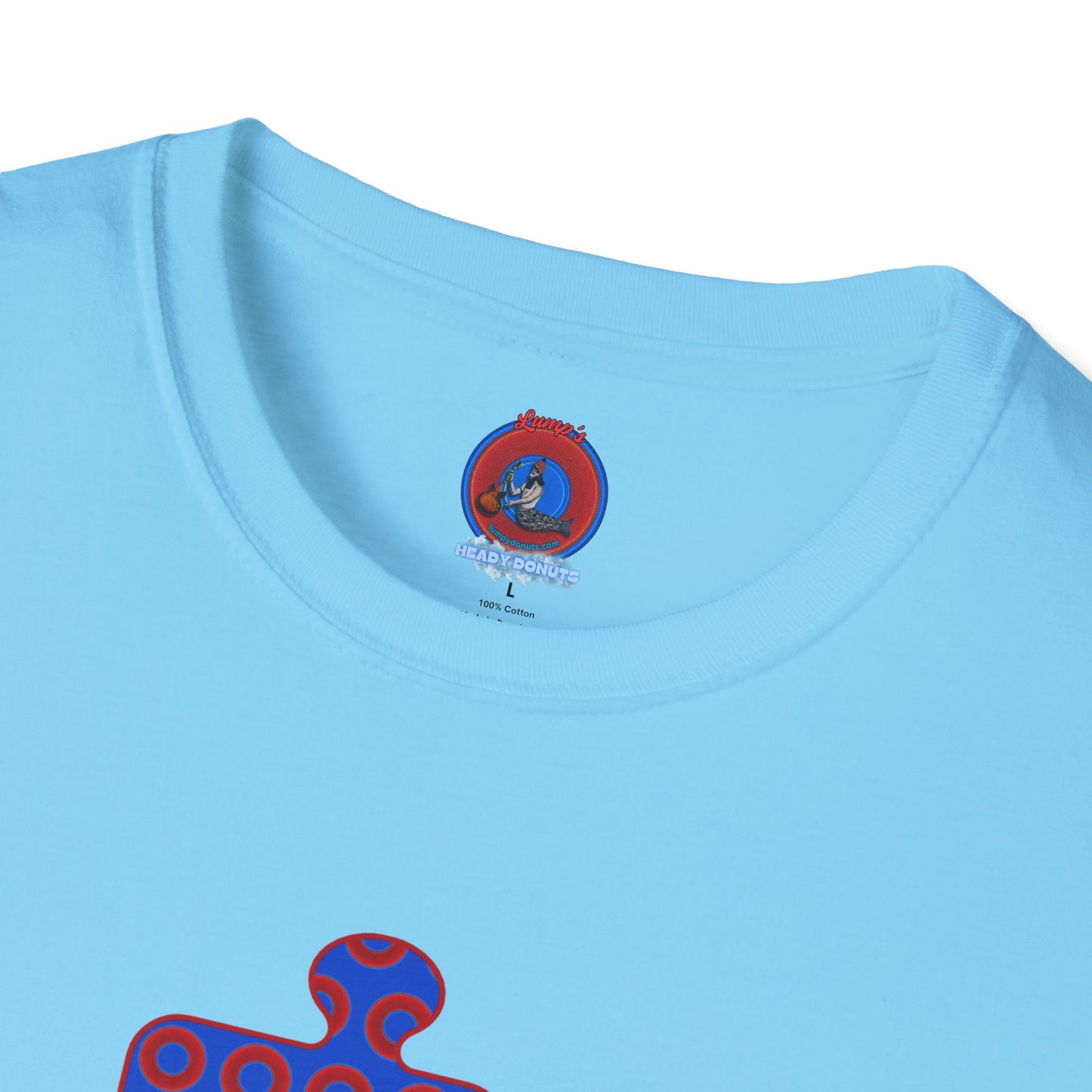 Classic Donut Tee - Unisex Soft-Style - "Trey's Completed Donut Pattern" - vivid red/blue puzzle pattern - variant 2