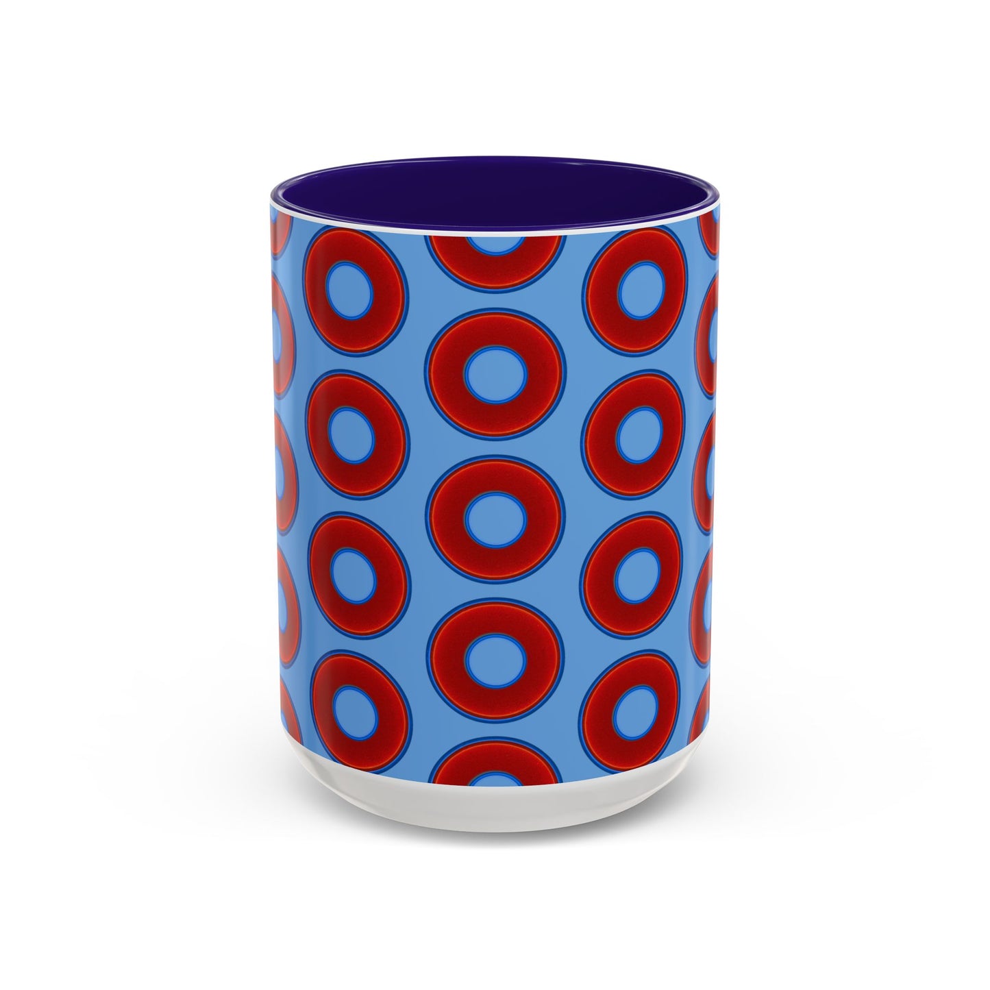 Lump's Grumpy Coffee Mug - vivid red donuts w/light blue background