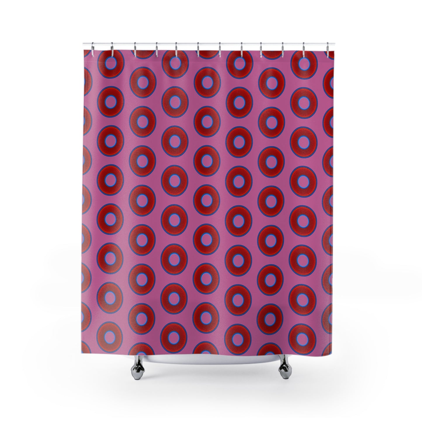 The Curtain With "Donuts" - Lumpy Bath Time Fun - vivid red donuts w/pink background