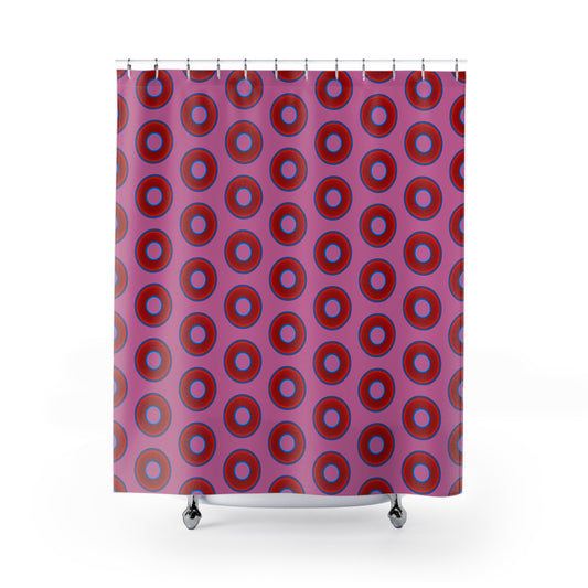 The Curtain With "Donuts" - Lumpy Bath Time Fun - vivid red donuts w/pink background