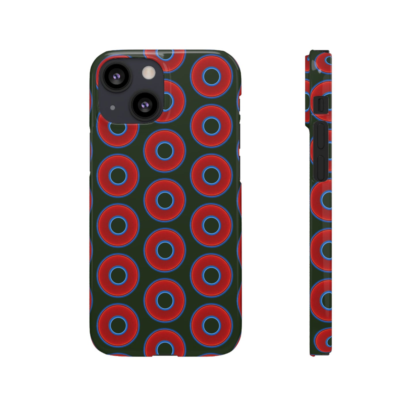 Lumpy Donut Snap Case - red vivid donut print w/deep forest green background