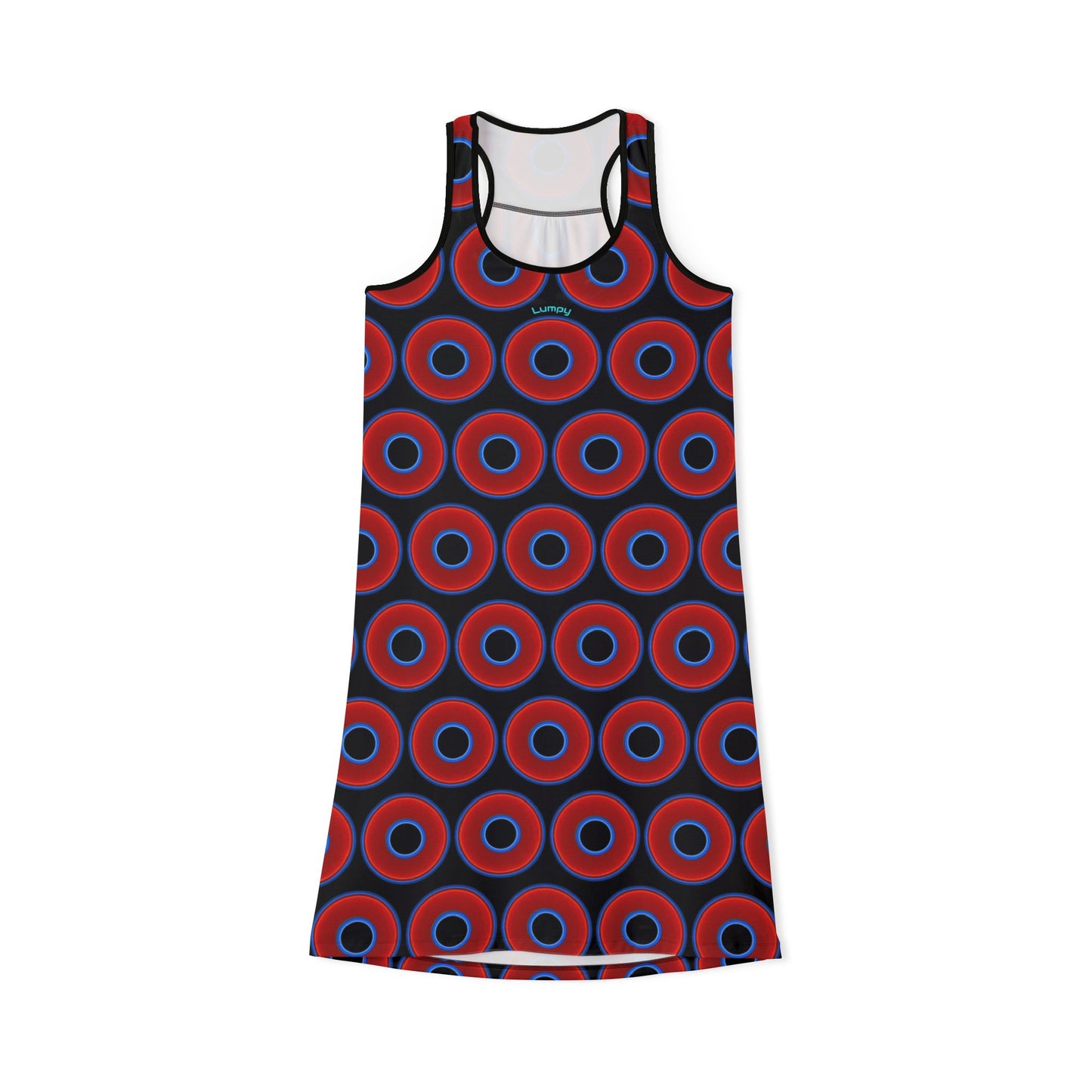 Tela's Lumpy Racerback Donut Dress - red vivid donut print w/black background
