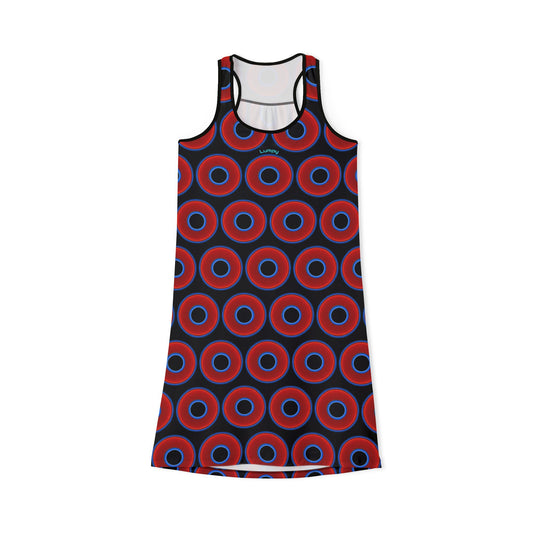Tela's Lumpy Racerback Donut Dress - red vivid donut print w/black background