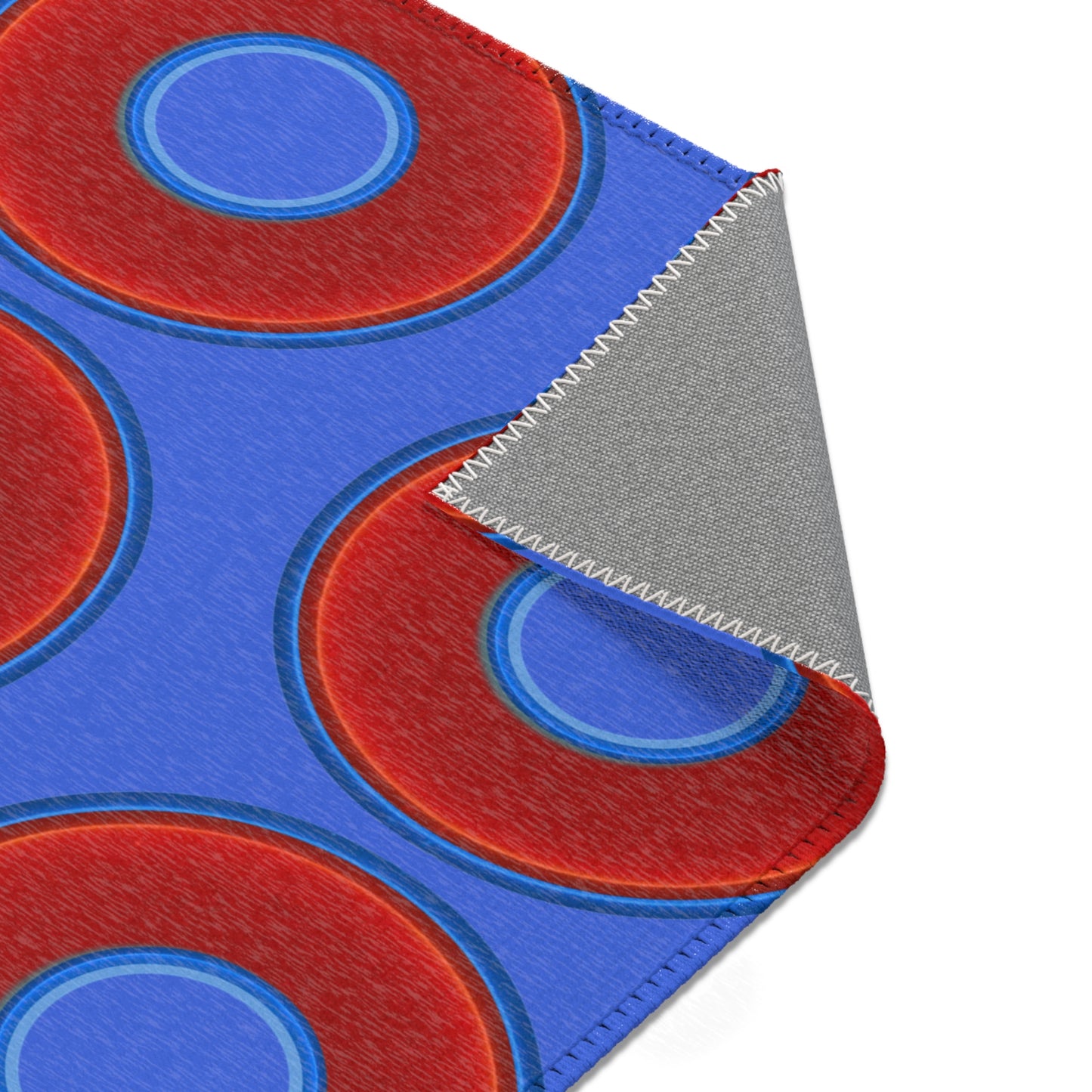 Lumpy Donut Print Rug - choice of 3 sizes - vivid red donut print w/royal blue background