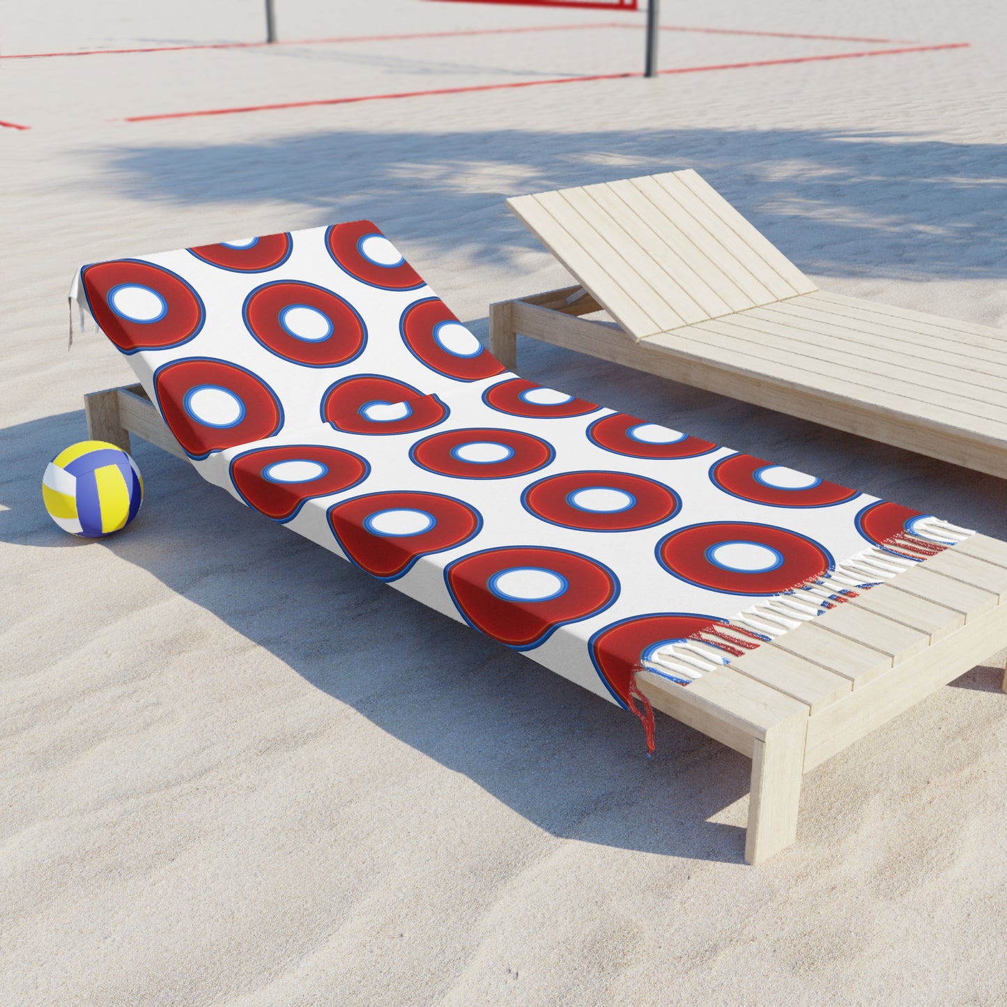 Oversized Lumpy Beach Towel - vivid red donuts w/white background